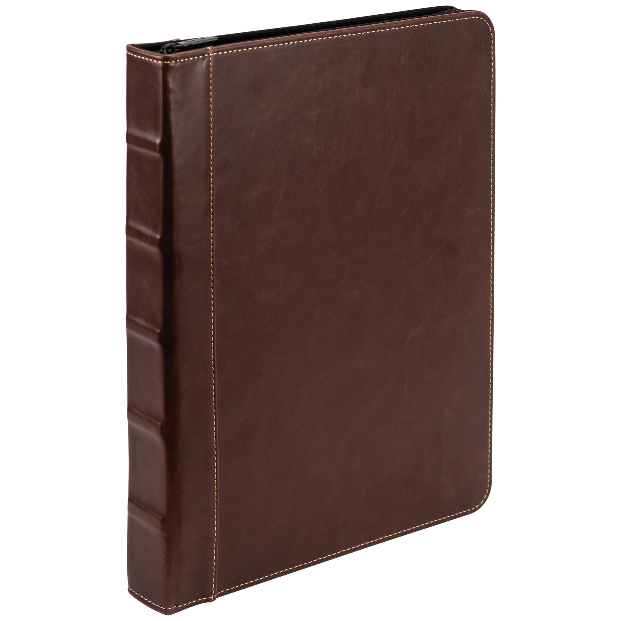 Samsill Vintage Zippered Leather Binder, 1 Inch Round Ring, Letter Size 8.5x11 Documents, Contrast Stitching, Professional Organizer Portfolio, Planner, Brown