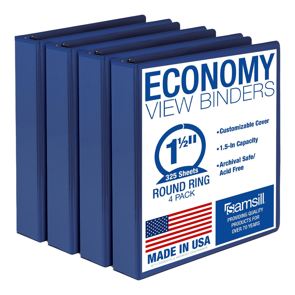 Samsill 1.5 Inch 3 Ring Binders, Made in USA, Economy Round Ring, Clear View Cover, 325 Sheet Capacity - for School, Home, Office - Blue, 4 Pack