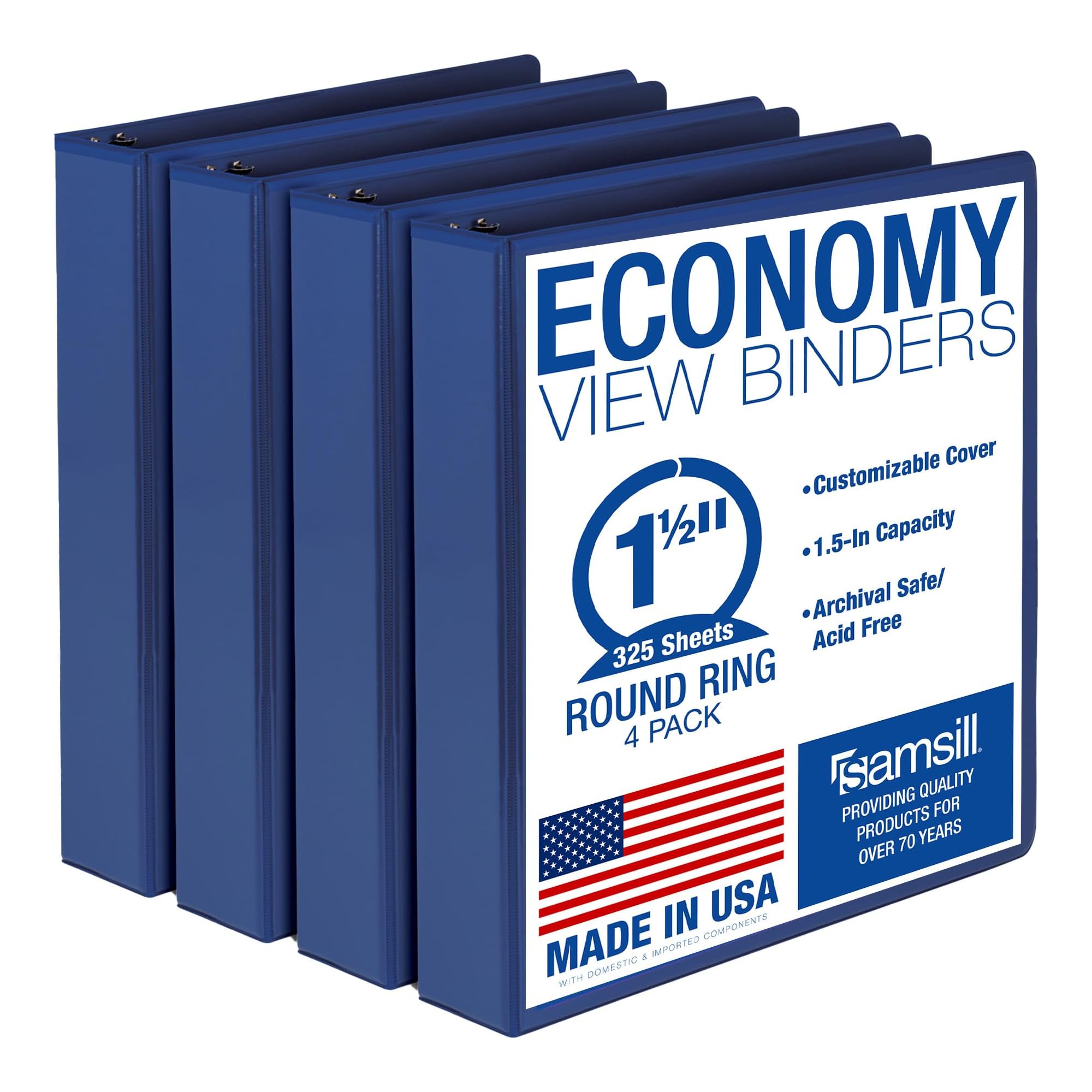 Samsill 1.5 Inch 3 Ring Binders, Made in USA, Economy Round Ring, Clear View Cover, 325 Sheet Capacity - for School, Home, Office - Blue, 4 Pack