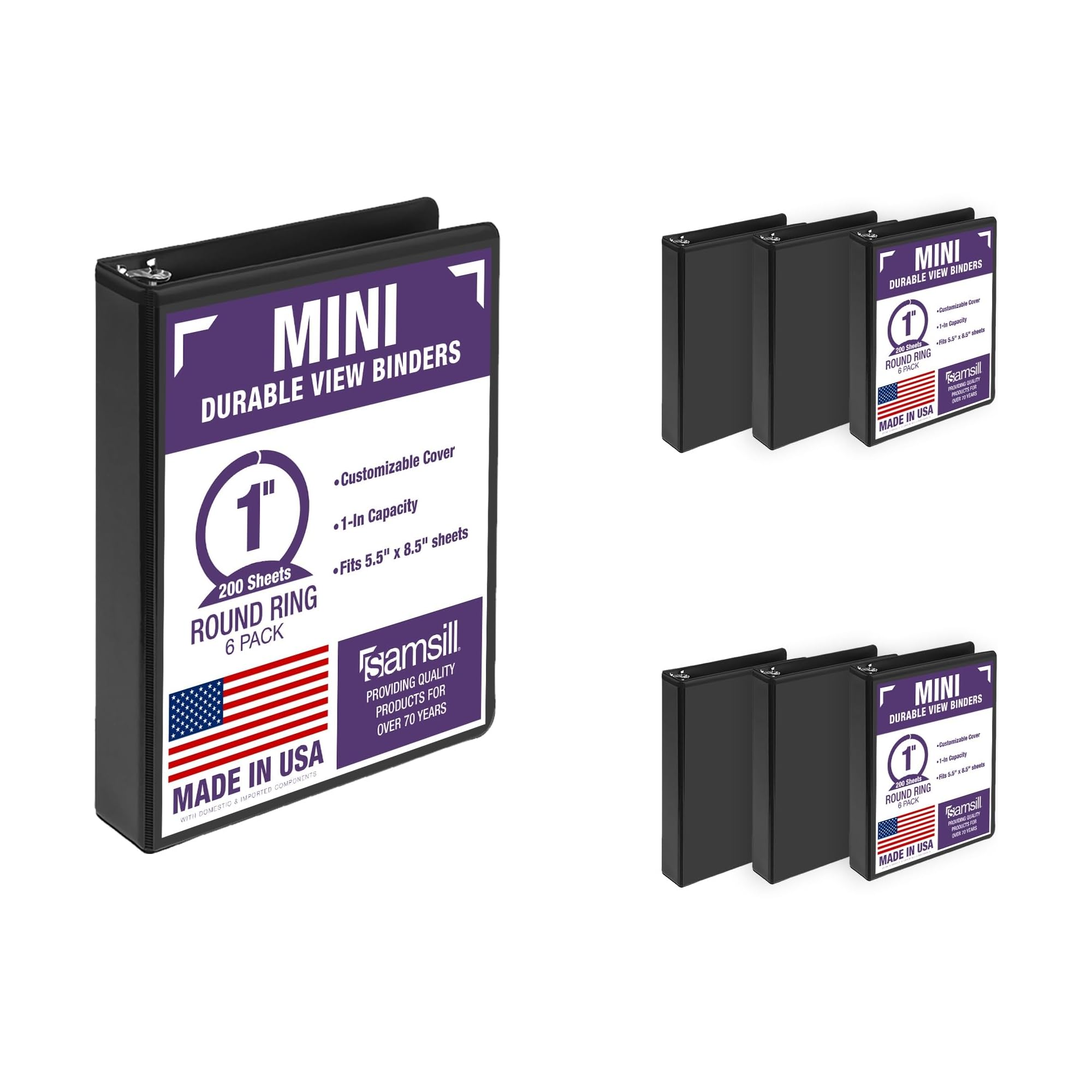 Samsill Economy 1 Inch Mini 3 Ring Binder, Round Ring Binder, Holds 5.5 x 8.5 Inch Documents, 1" Storage, 6-Pack, Black