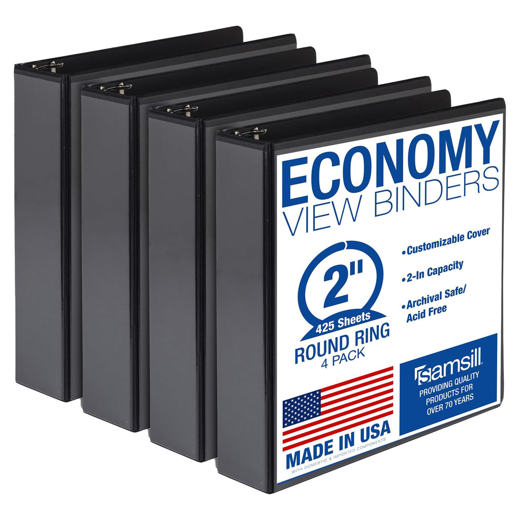 Samsill 2 Inch 3 Ring Binders, Made in USA, Economy Round Ring, Clear View Cover, 425 Sheet Capacity - for School, Home, Office - Black, 4 Pack