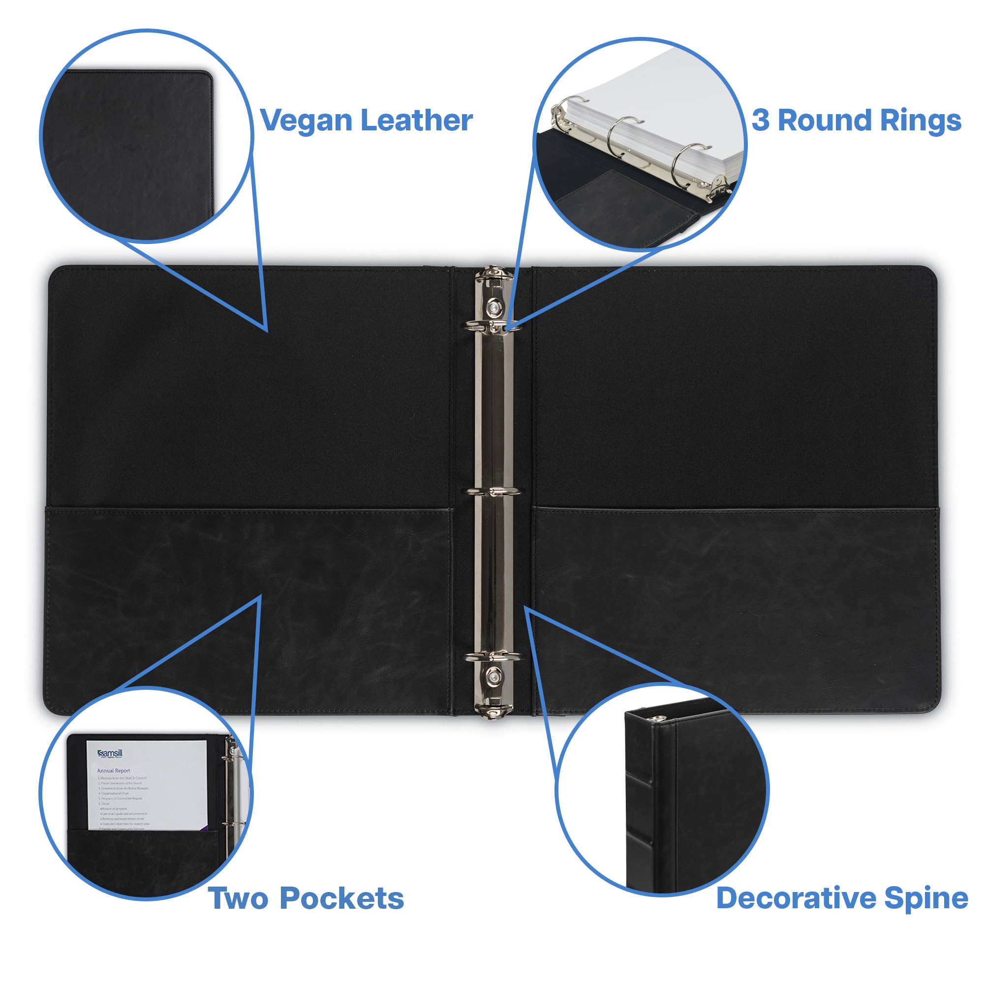 Samsill Vintage Leather 3 Ring Binder, Leather Organizer, Planner, 1.5 Inch, Letter Size 8.5 x 11, No Zipper, Black