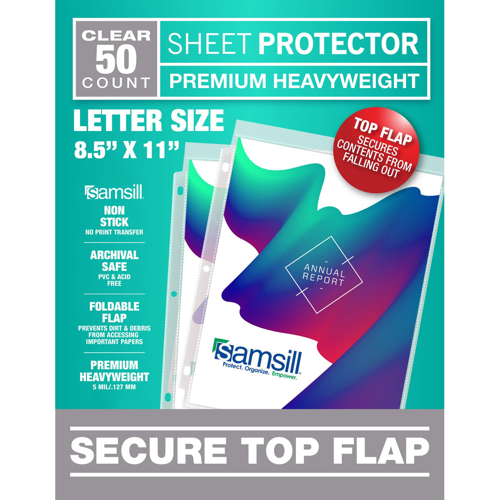 Samsill Sheet Protectors, 8.5x11 Inch Page Protectors for 3 Ring Binder, Super Heavy Duty, Secure Top Flap Protector, Letter Size, Top Loading, Acid Free, 50 Pack