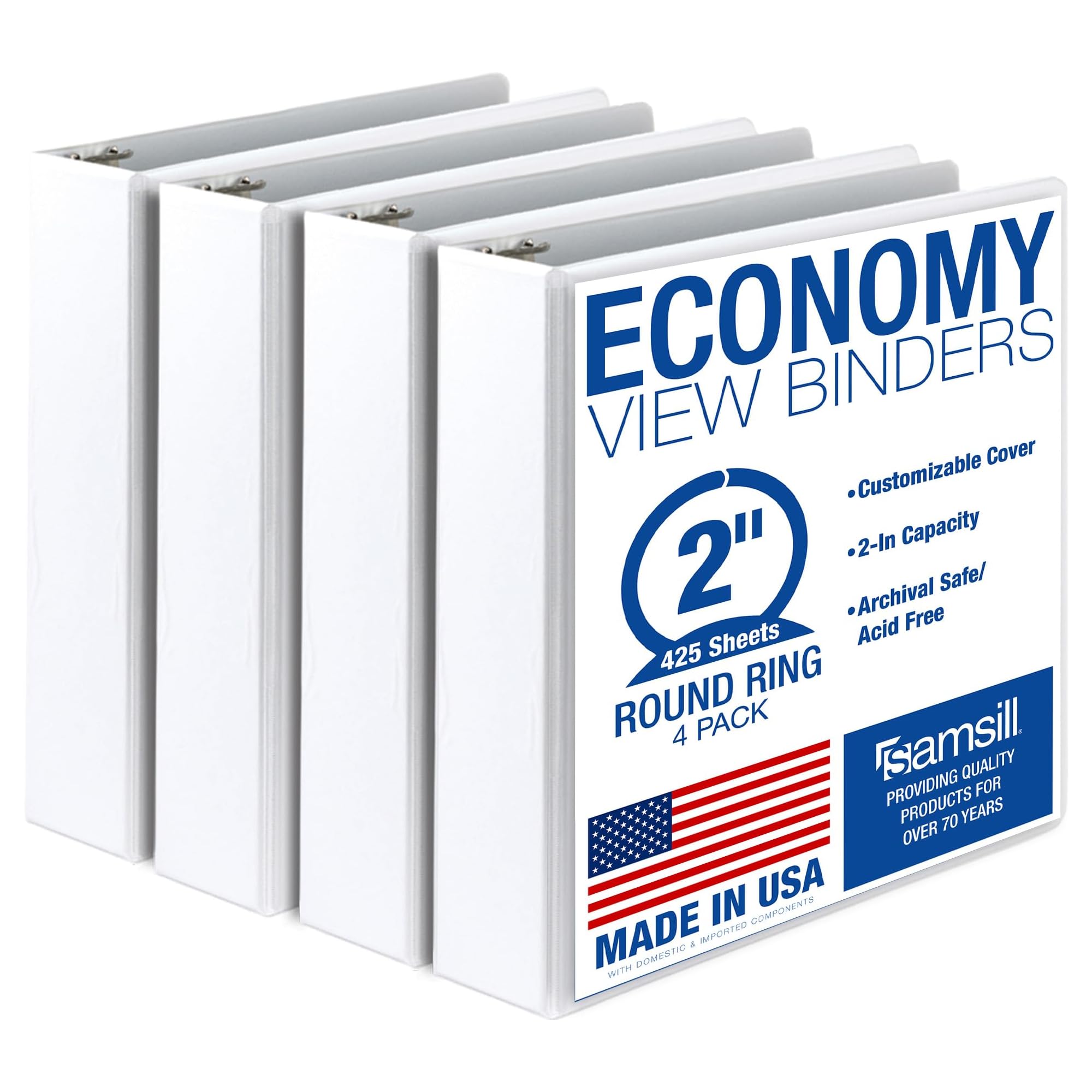 Samsill 2 Inch 3 Ring Binders, Economy Round Ring, Clear View Cover, 425 Sheet Capacity - for School, Home, Office - White, 4 Pack