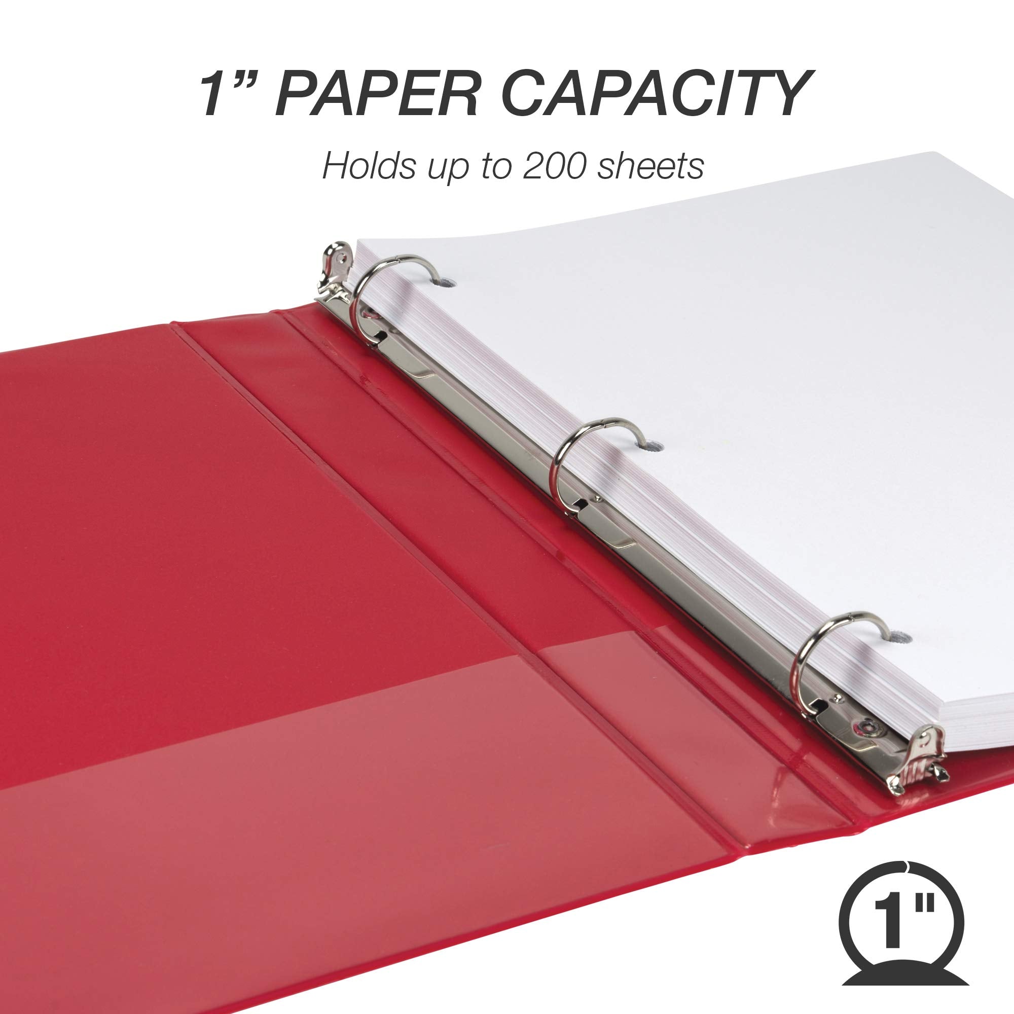 Samsill 8 Pack Durable 1 Inch 3 Ring Binders, Made in USA, Round Ring, Clear View Cover for Presentations, Red