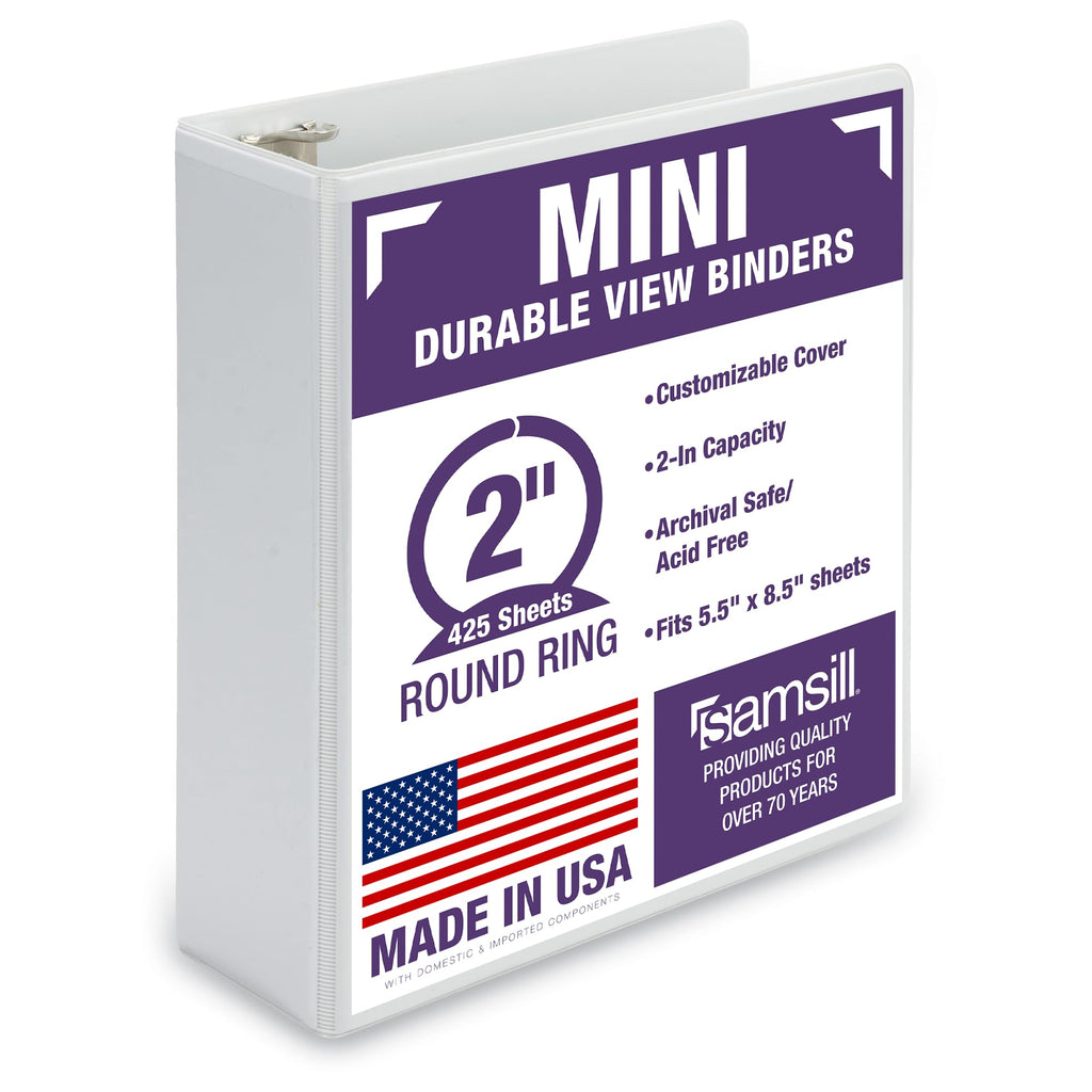 Samsill Durable 2 Inch Mini 3 Ring Binder, Round Ring Binder, Holds 5.5 x 8.5 Inch Documents, Customizable Cover, 2" Mini View Binder, White, Single