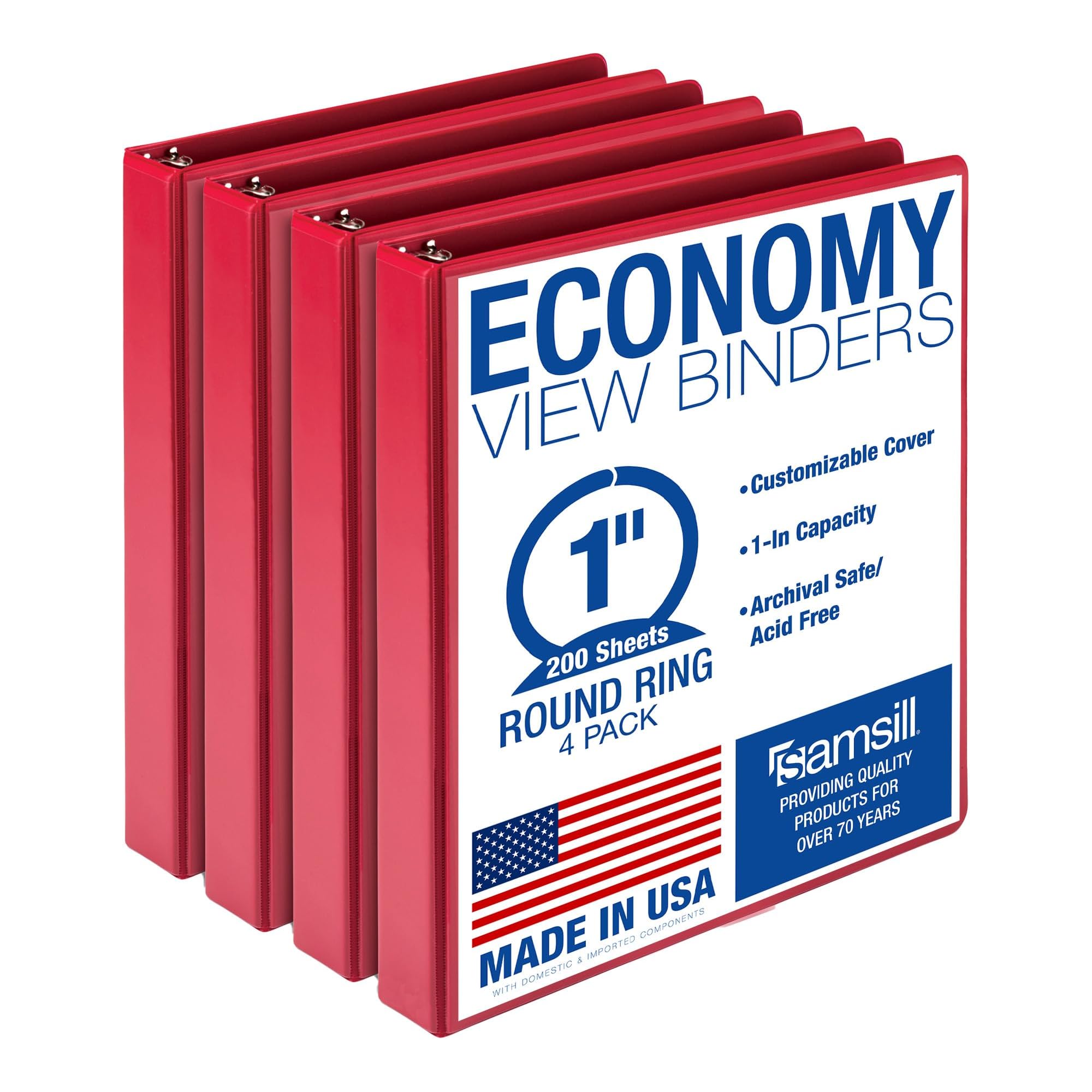 Samsill 1 Inch 3 Ring Binders, Made in USA, Economy Round Ring, Clear View Cover, 200 Sheet Capacity - for School, Home, Office - Red, 4 Pack