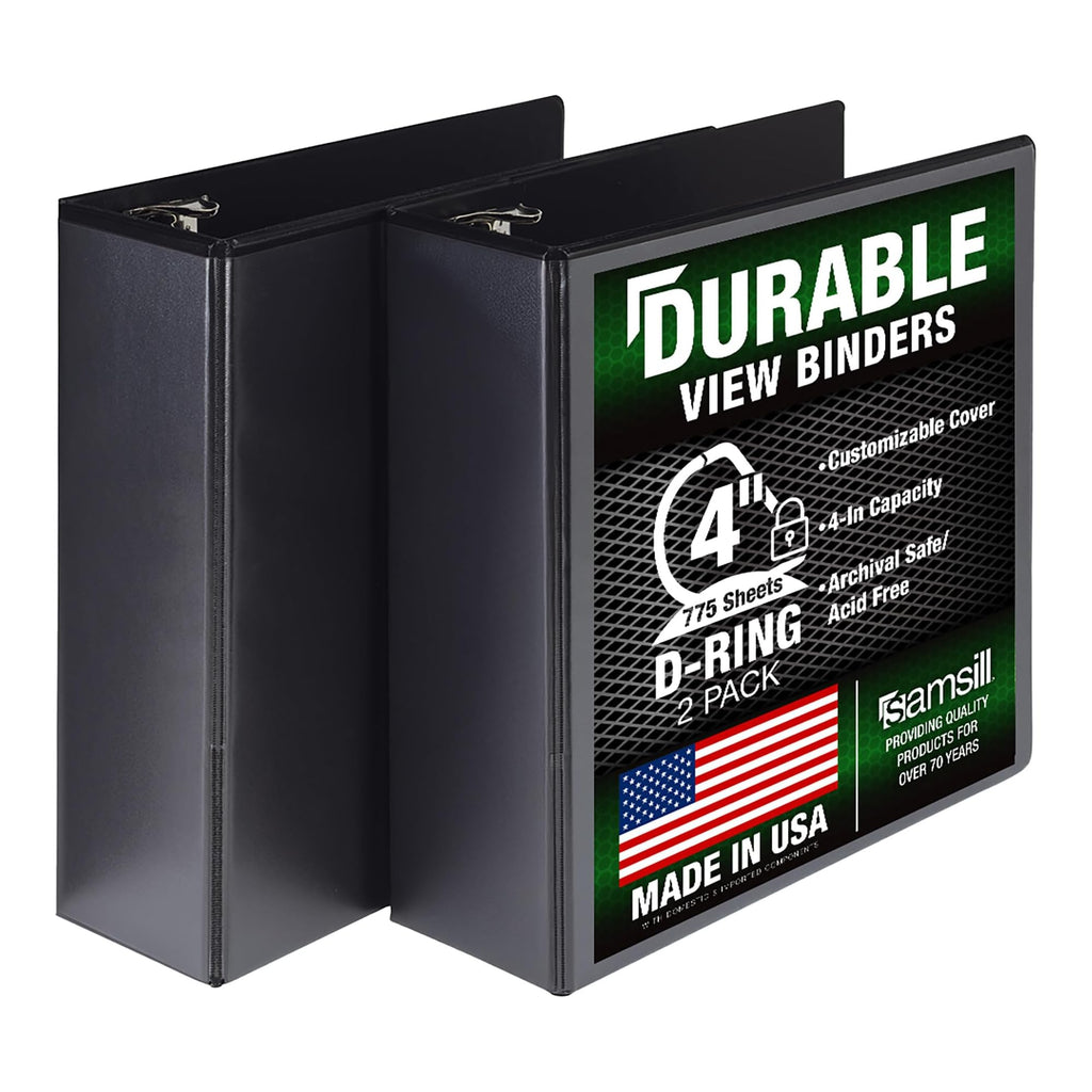 Samsill Durable 4 inch 3 Ring Binder, D Ring Binder, 100% Recycled Chipboard, Black, 2 Pack