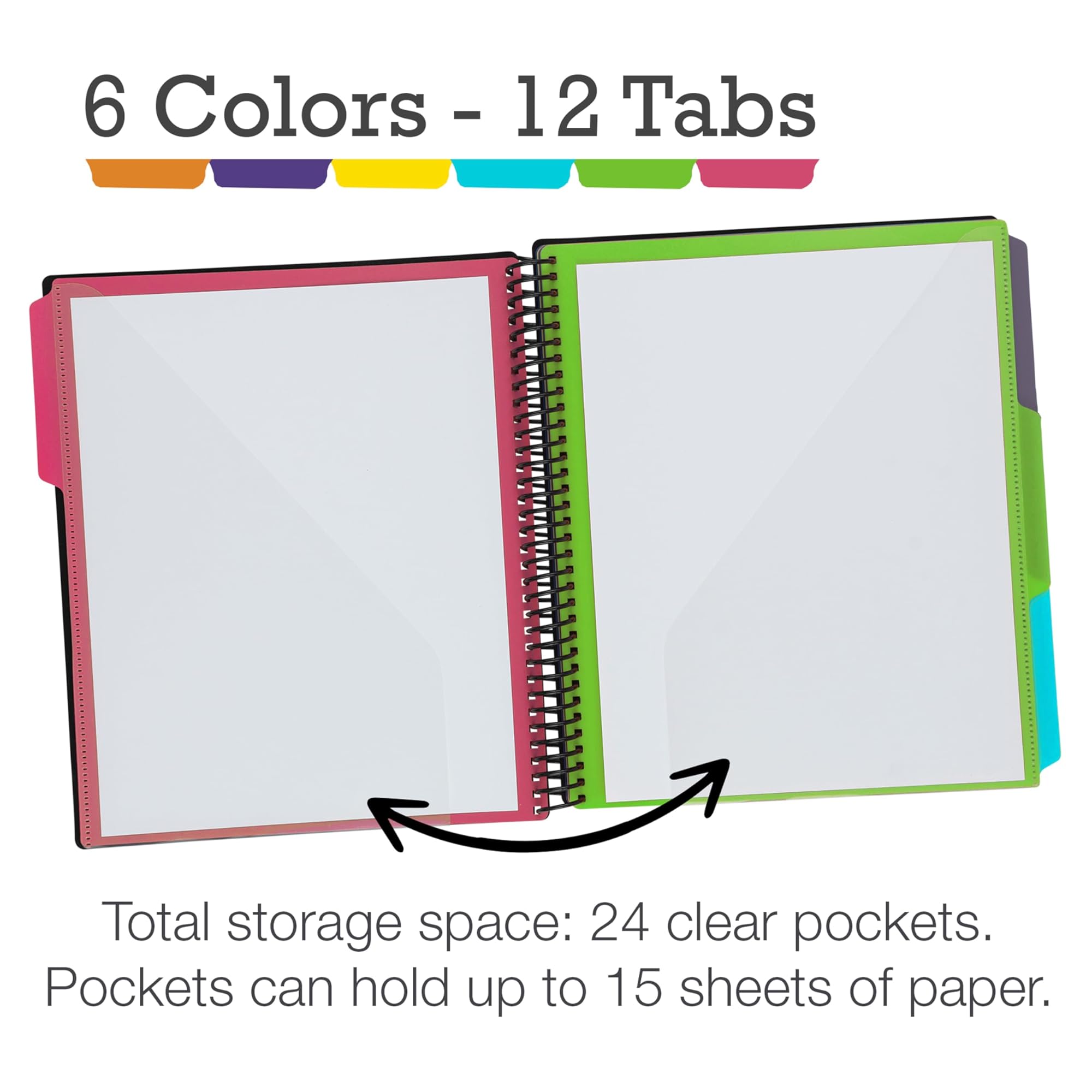 Samsill 2 Pack Deluxe 24 Pocket Spiral Project Organizer with Inner Zipper Pouch, Customizable Front Cover, 12 Dividers with Erasable Write-On Tabs in Fashion Colors, Plastic Folders with Pockets