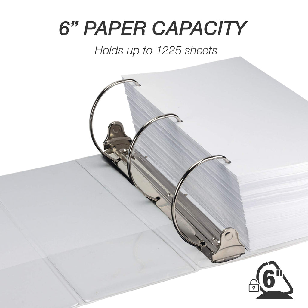 Samsill Durable 6 inch 3 Ring Binder, Locking D Ring Binder, Customizable Clear View Cover, White, 2-Pack, Holds 1225 Pages