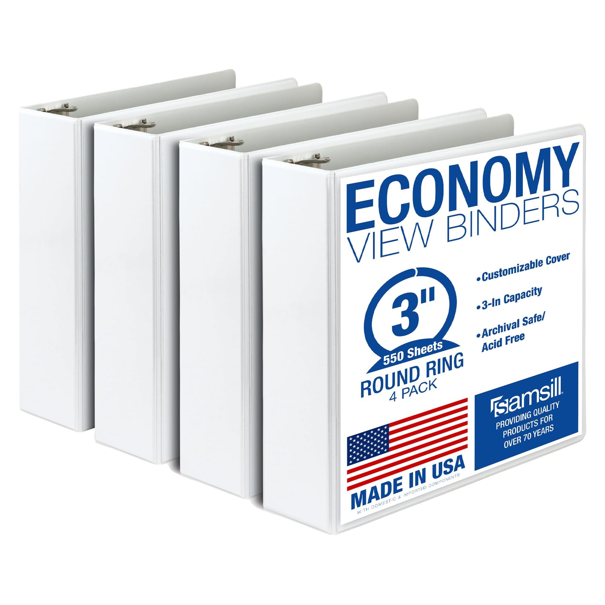 Samsill 3 Inch 3 Ring Binders, Made in USA, Economy Round Ring, Clear View Cover, 550 Sheet Capacity - for School, Home, Office - White, 4 Pack