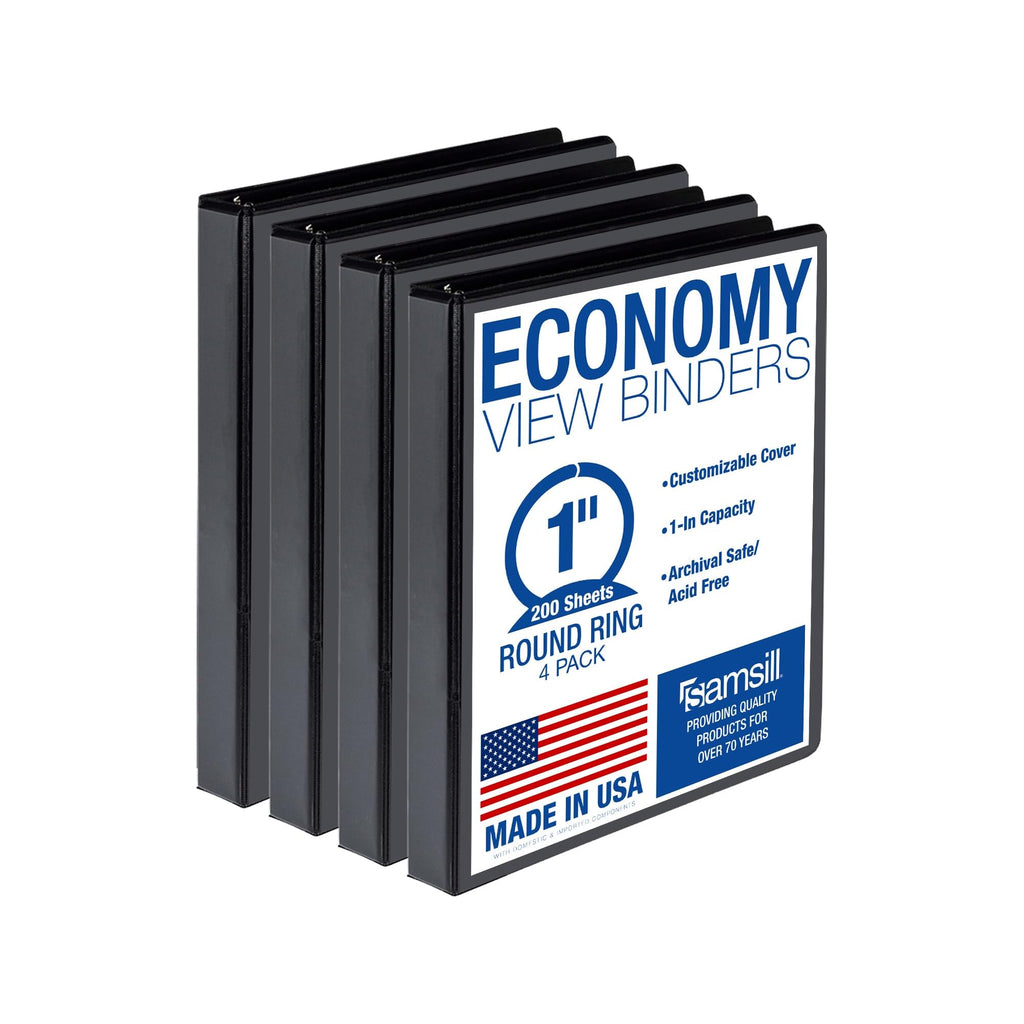 Samsill 1 Inch 3 Ring Binders, Economy Round Ring, Clear View Cover, 200 Sheet Capacity - for School, Home, Office - Black, 4 Pack