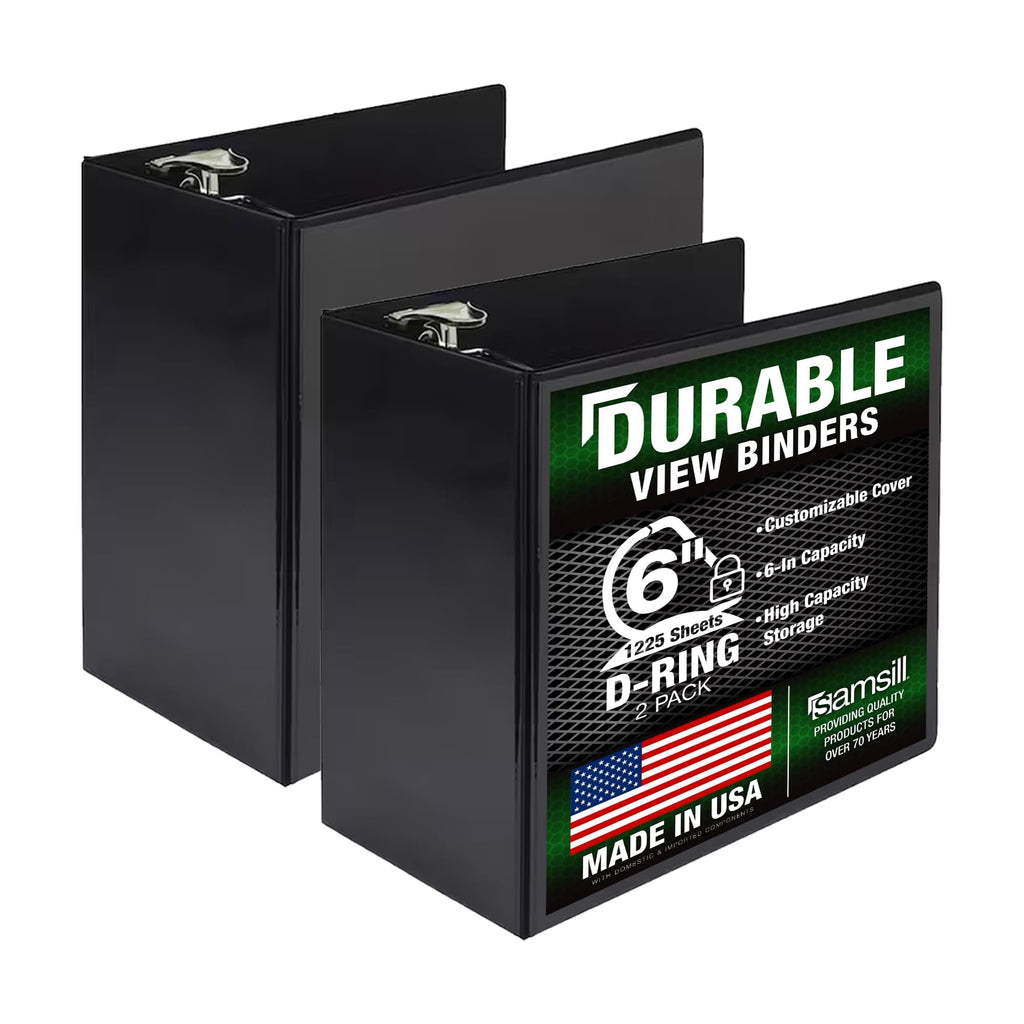 Samsill Durable 6 inch 3 Ring Binder, Locking D Ring Binder, Customizable Clear View Cover, Black, 2-Pack, Holds 1225 Pages