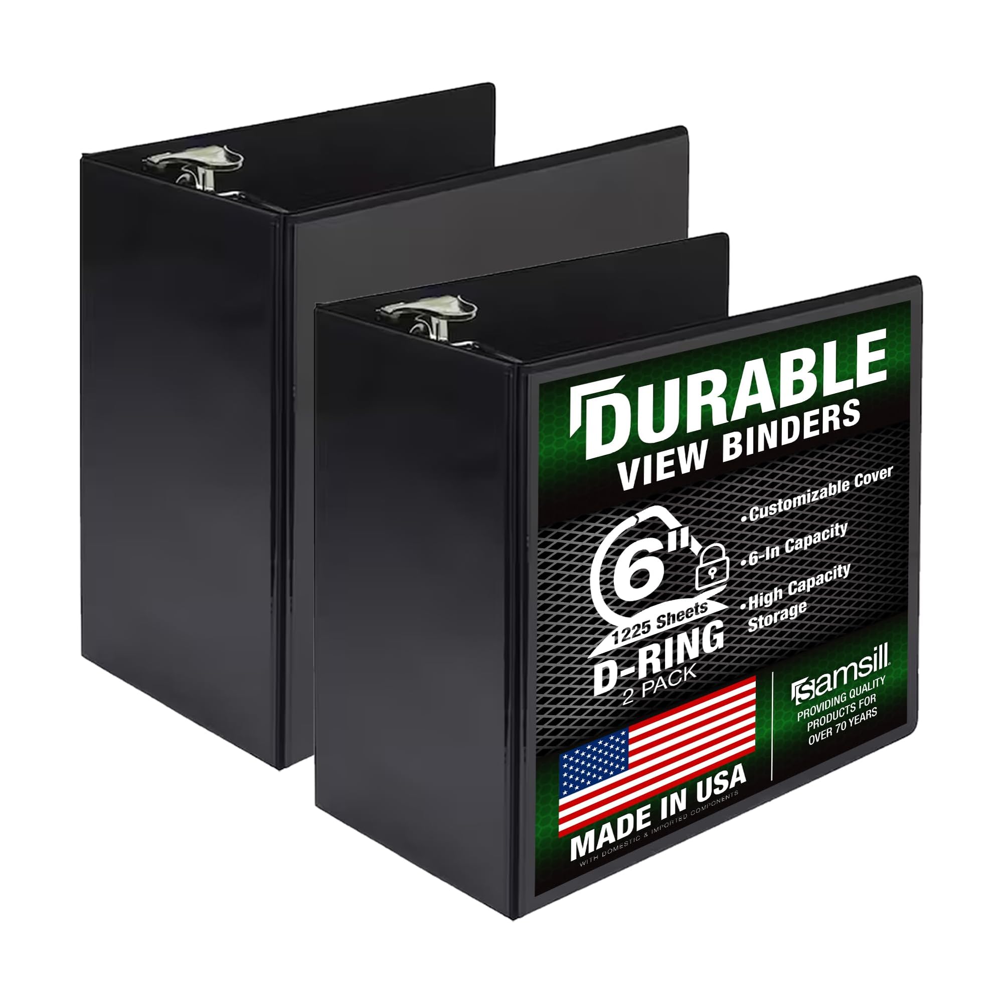 Samsill Durable 6 inch 3 Ring Binder, Locking D Ring Binder, Customizable Clear View Cover, Black, 2-Pack, Holds 1225 Pages