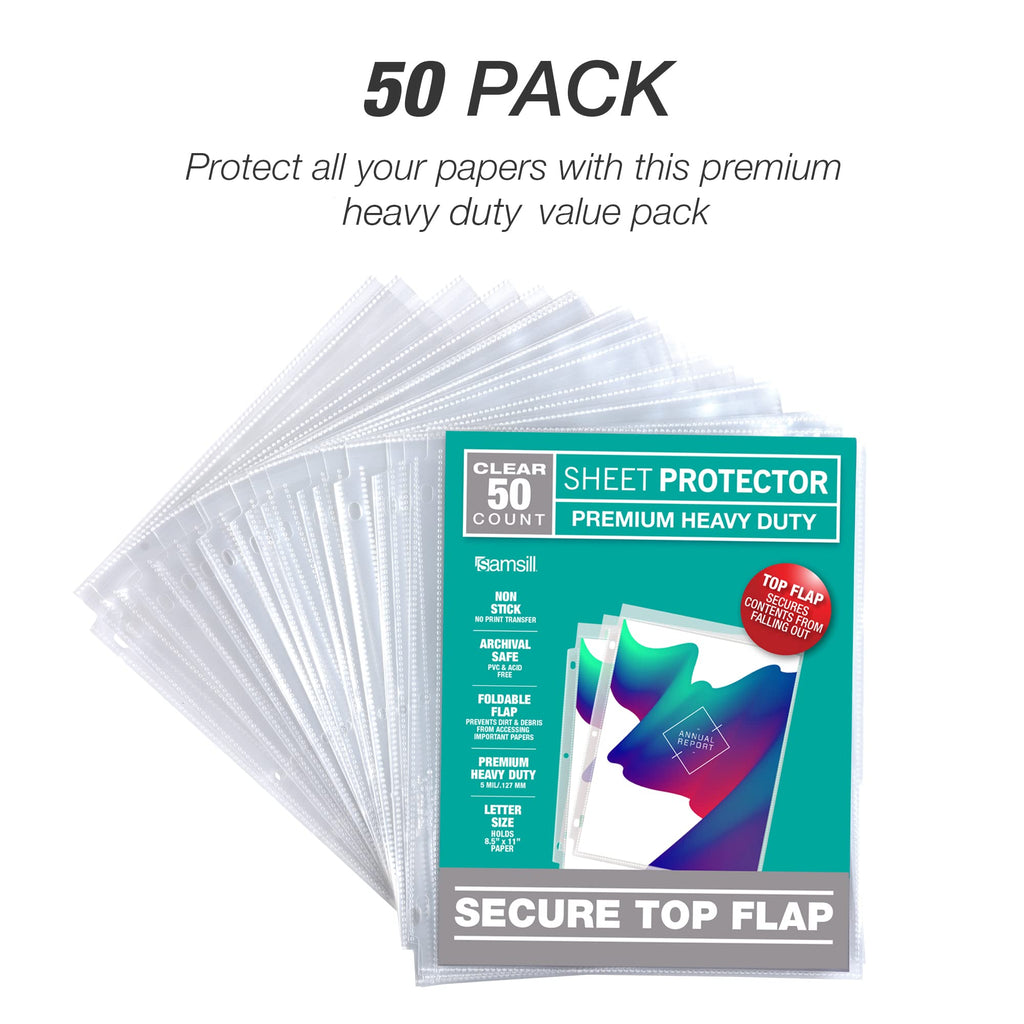 Samsill Sheet Protectors, 8.5x11 Inch Page Protectors for 3 Ring Binder, Super Heavy Duty, Secure Top Flap Protector, Letter Size, Top Loading, Acid Free, 50 Pack