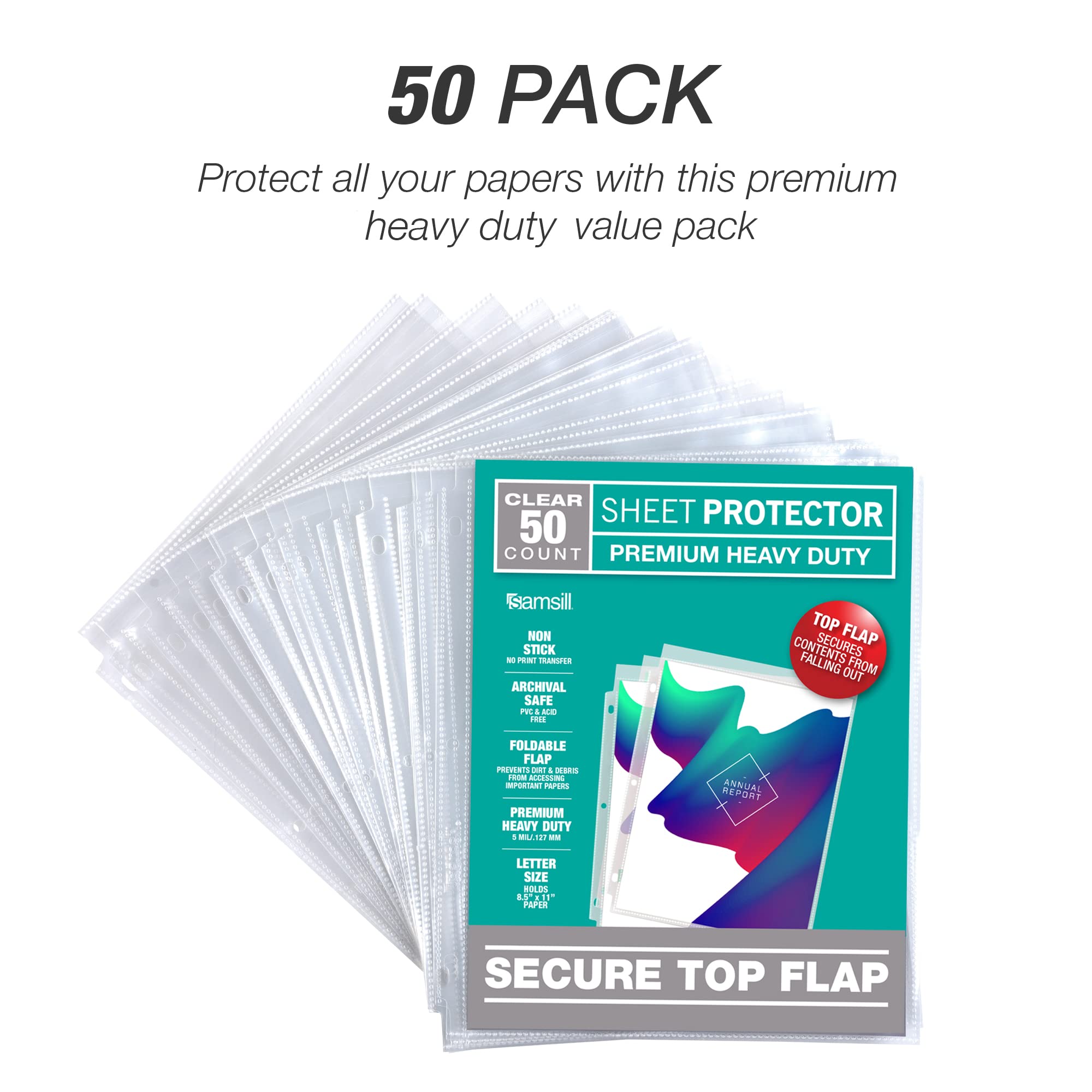 Samsill Sheet Protectors, 8.5x11 Inch Page Protectors for 3 Ring Binder, Super Heavy Duty, Secure Top Flap Protector, Letter Size, Top Loading, Acid Free, 50 Pack