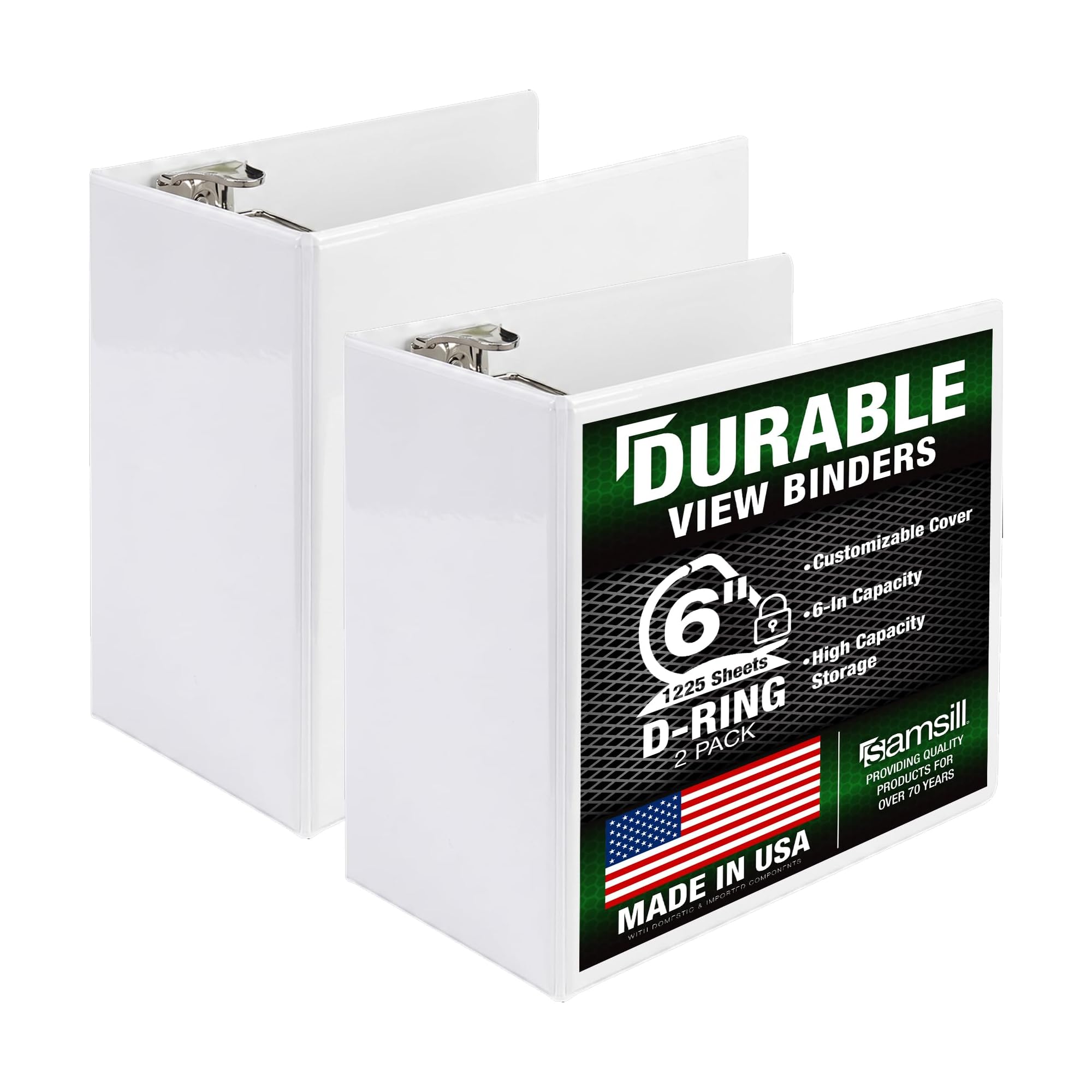 Samsill Durable 6 inch 3 Ring Binder, Locking D Ring Binder, Customizable Clear View Cover, White, 2-Pack, Holds 1225 Pages