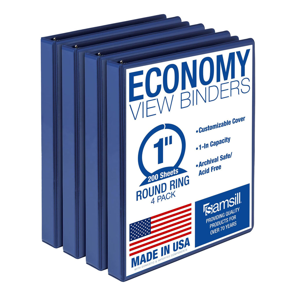 Samsill 1 Inch 3 Ring Binders, Economy Round Ring, Clear View Cover, 200 Sheet Capacity - for School, Home, Office - Blue, 4 Pack