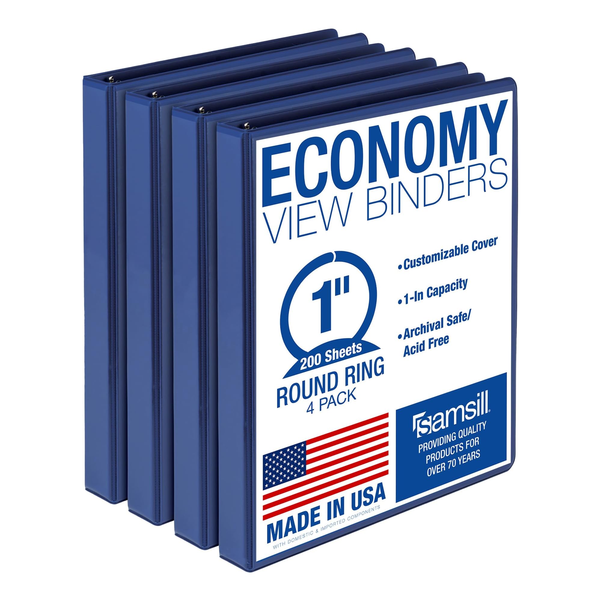 Samsill 1 Inch 3 Ring Binders, Economy Round Ring, Clear View Cover, 200 Sheet Capacity - for School, Home, Office - Blue, 4 Pack