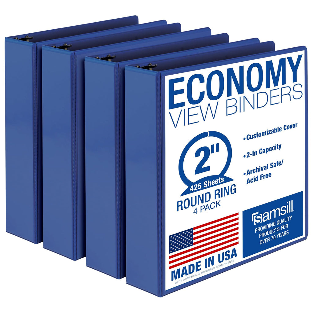 Samsill 2 Inch 3 Ring Binders, Made in USA, Economy Round Ring, Clear View Cover, 425 Sheet Capacity - for School, Home, Office - Blue, 4 Pack