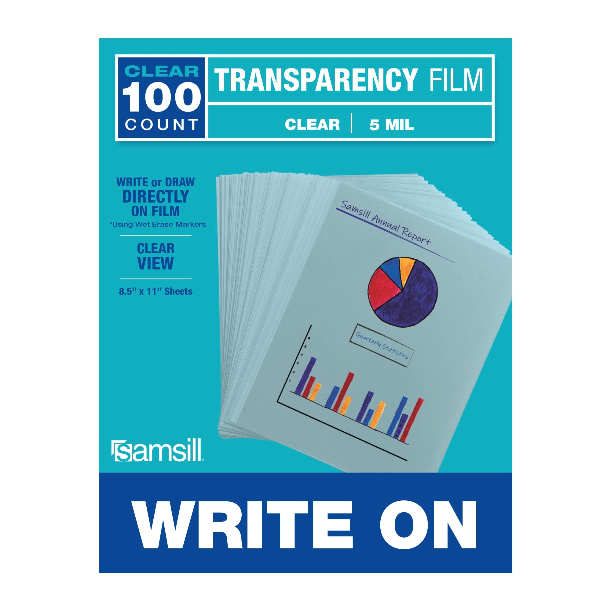 Samsill 100 Pack 8.5" x 11" Clear Write On Transparency Film, 5 mil, for Use with Dry Erase Markers only, Not for Use in Printer, Acetate Sheets