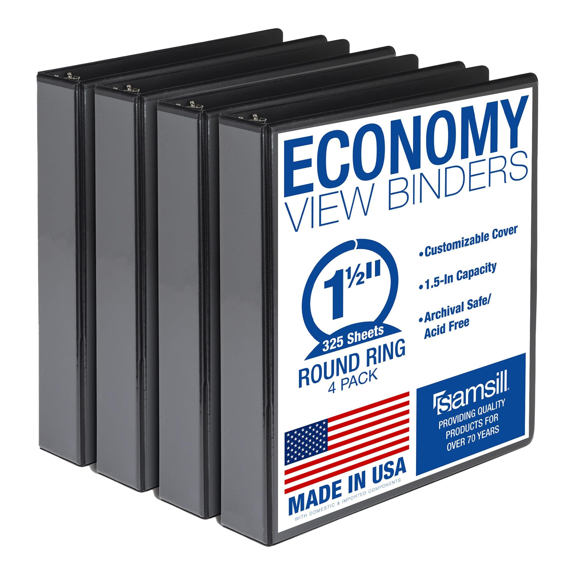 Samsill 1.5 Inch 3 Ring Binders, Economy Round Ring, Clear View Cover, 325 Sheet Capacity - for School, Home, Office - Black, 4 Pack