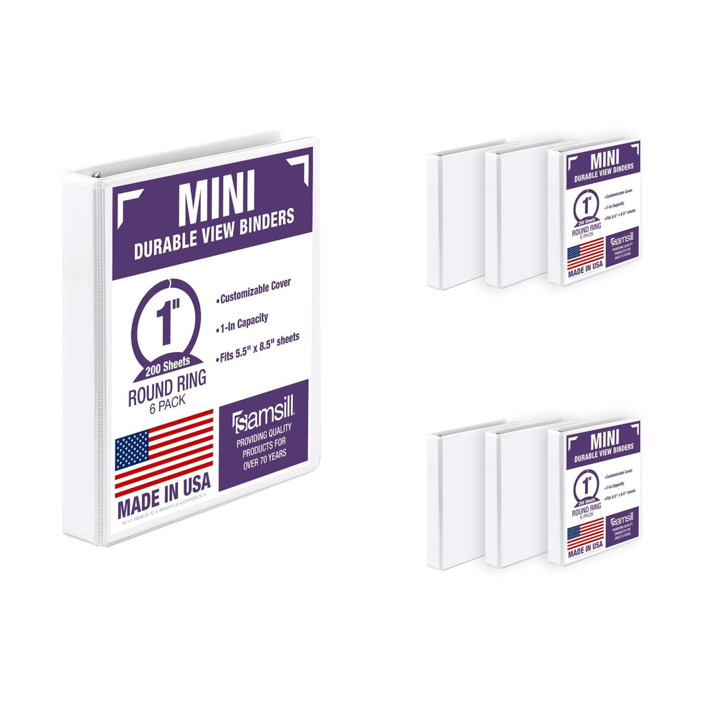Samsill Economy 1 Inch Mini 3 Ring Binder, Round Ring Binder, Holds 5.5 x 8.5 Inch Documents, Customizable Cover, 1" View, 6-Pack, White