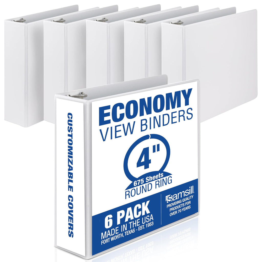 Samsill 4 Inch 3 Ring Binders, Economy Round Ring, Clear View Cover, 675 Sheet Capacity - for School, Home, Office -  White, 6 Pack