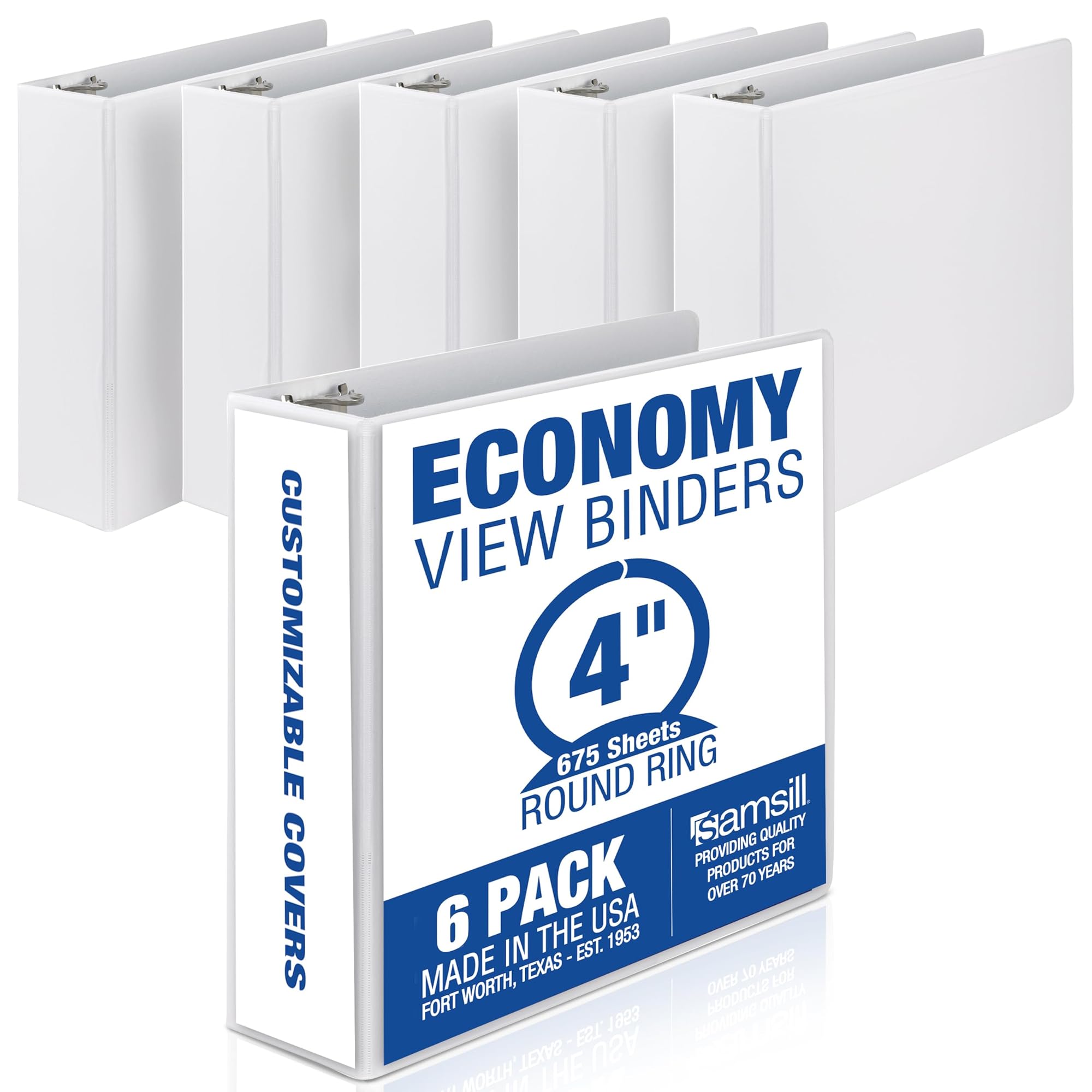 Samsill 4 Inch 3 Ring Binders, Economy Round Ring, Clear View Cover, 675 Sheet Capacity - for School, Home, Office -  White, 6 Pack