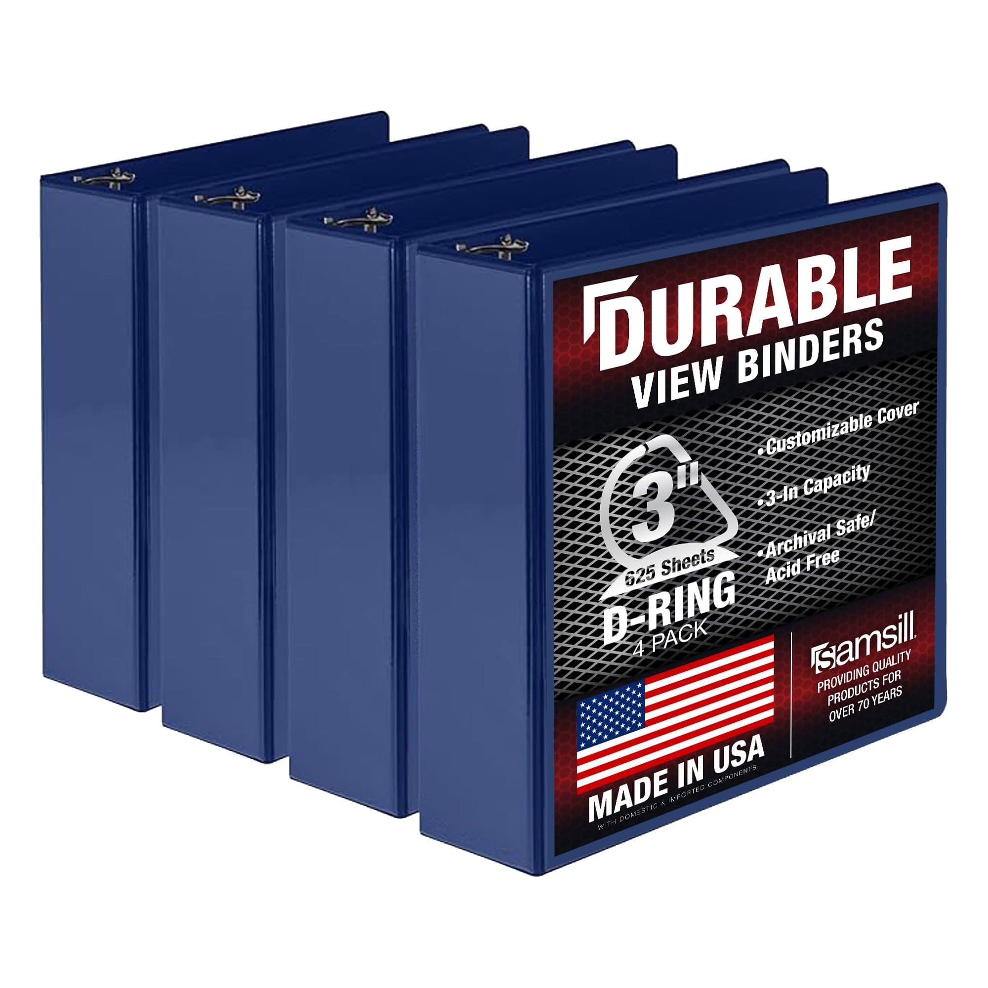 Samsill Durable 3 inch 3 Ring Binder, Made in USA, D Ring Binder, 100% Recycled Chipboard, Blue, 4 Pack