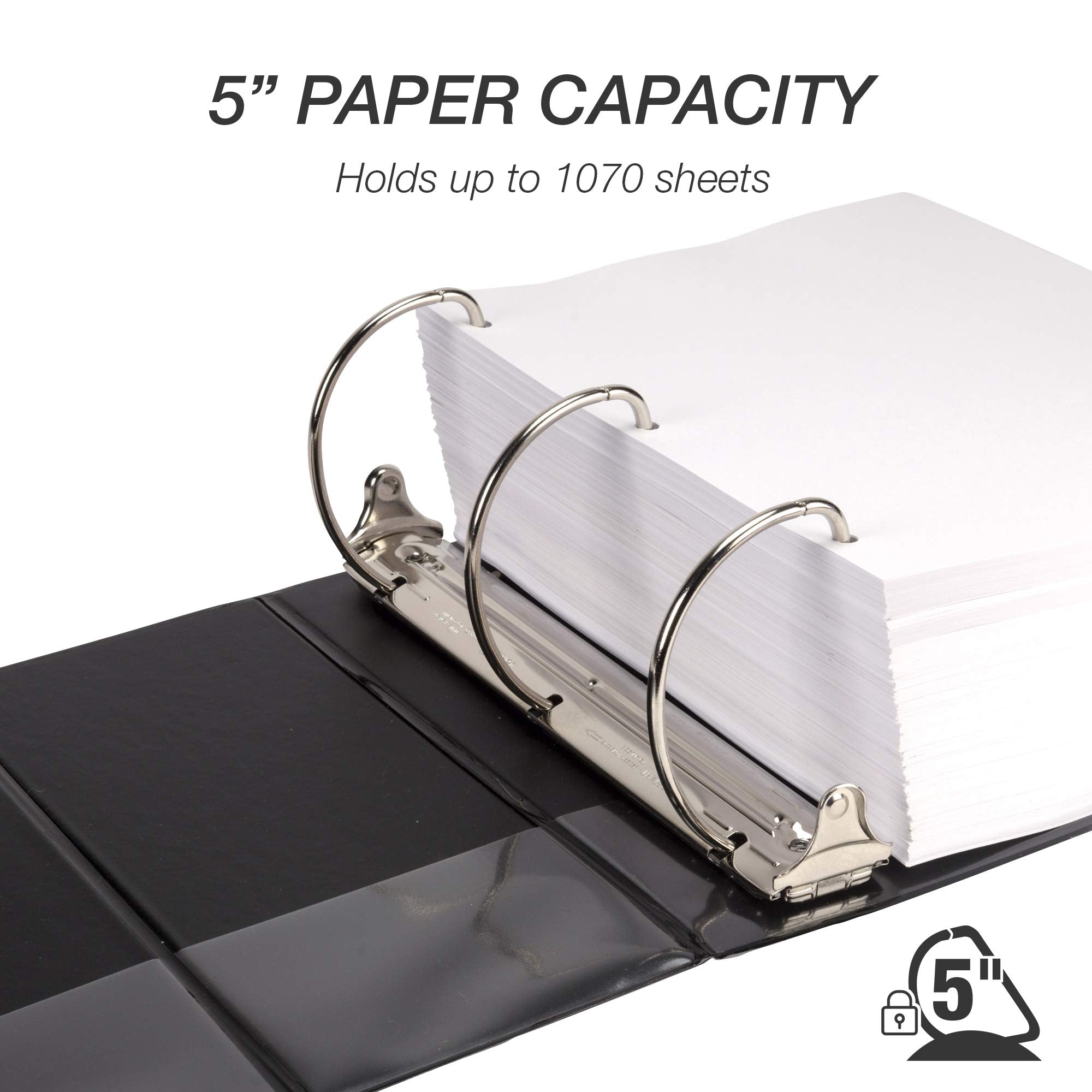 Samsill Durable 5 Inch 3 Ring Binder, D Ring Binder, Customizable Clear View, Black, 2-Pack, Holds 1070 Pages