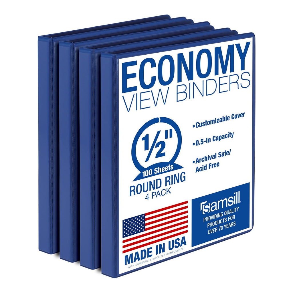Samsill 0.5 Inch 3 Ring Binder, Made in USA, Economy Round Ring, Clear View Cover, 100 Sheet Capacity - for School, Home, Office - Blue, 4 Pack