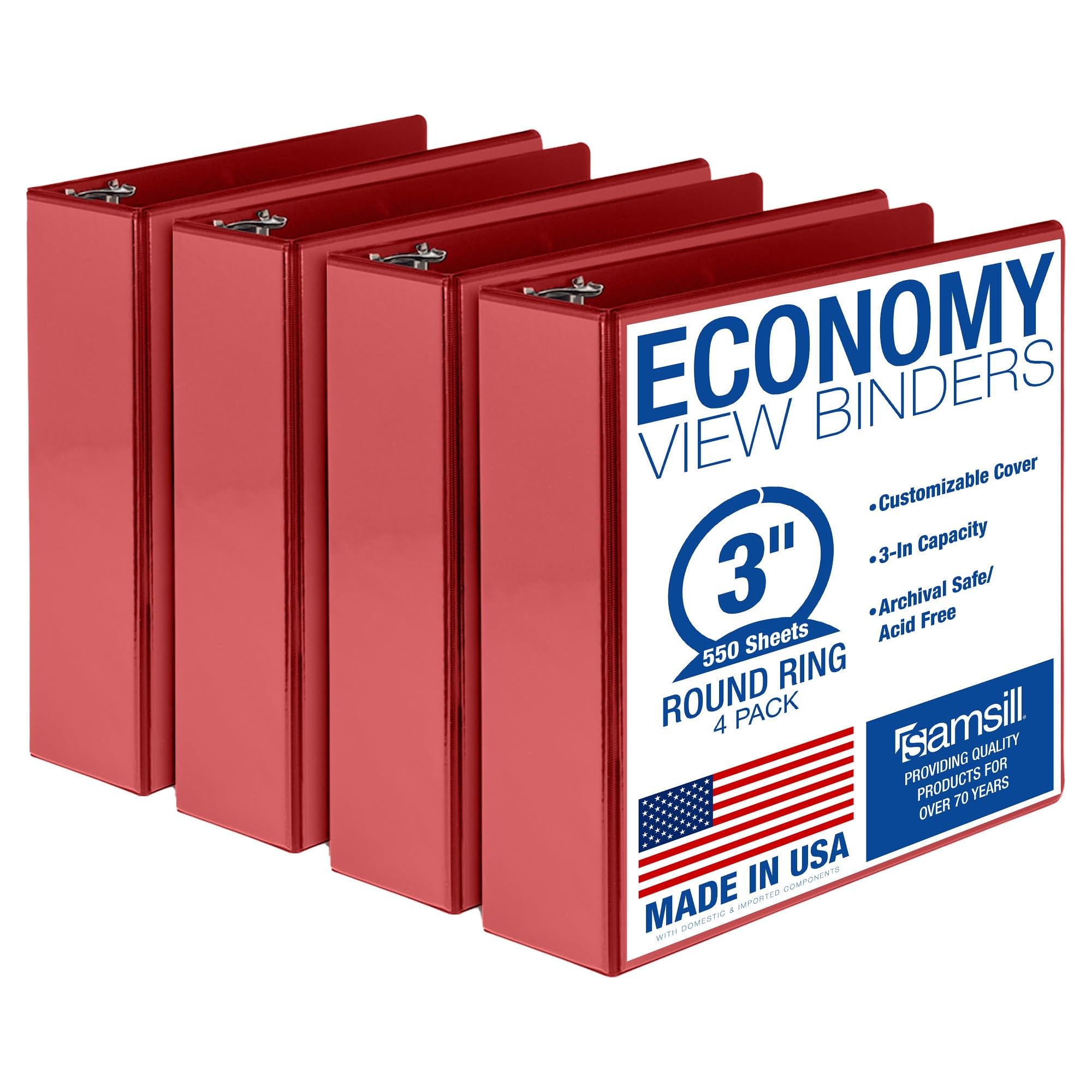 Samsill 3 Inch 3 Ring Binders, Economy Round Ring, Clear View Cover, 550 Sheet Capacity - for School, Home, Office - Red, 4 Pack