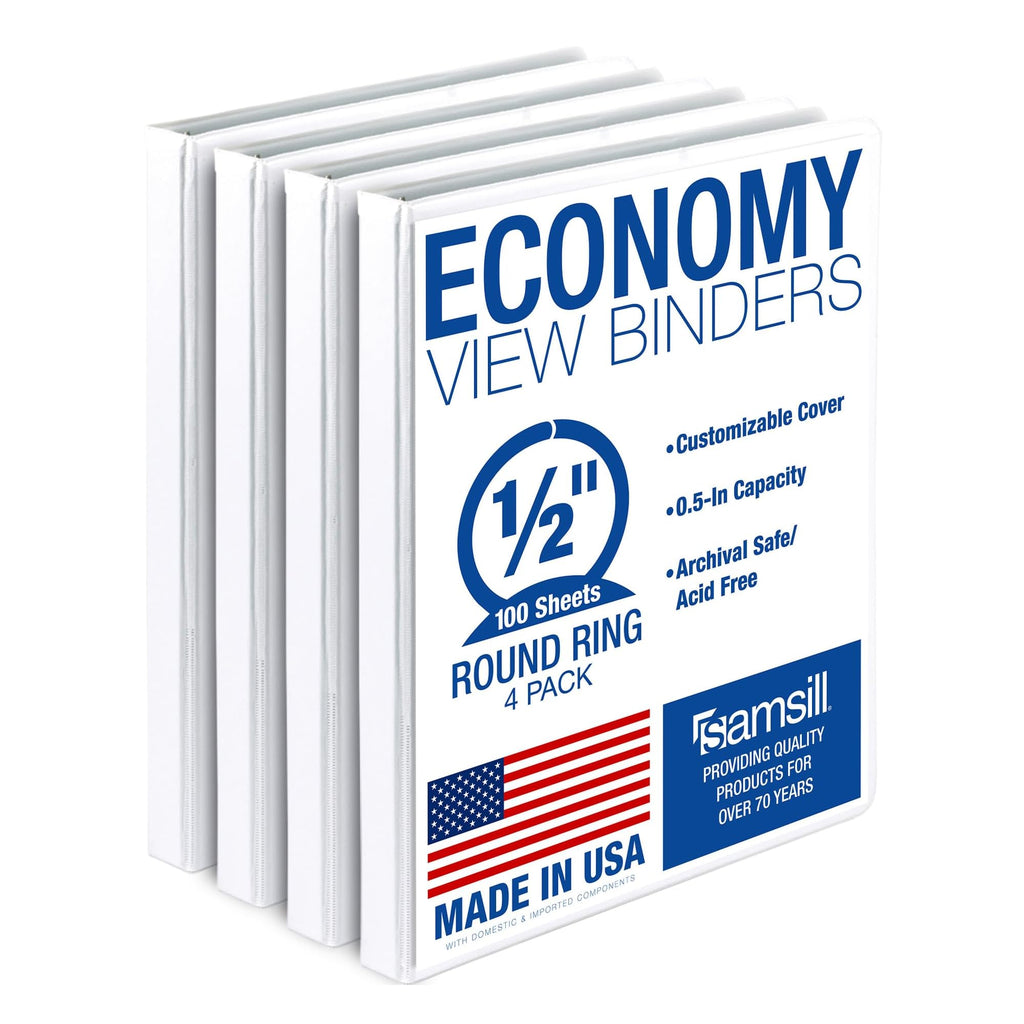 Samsill 0.5 Inch 3 Ring Binder, Made in USA, Economy Round Ring, Clear View Cover, 100 Sheet Capacity - for School, Home, Office - White, 4 Pack