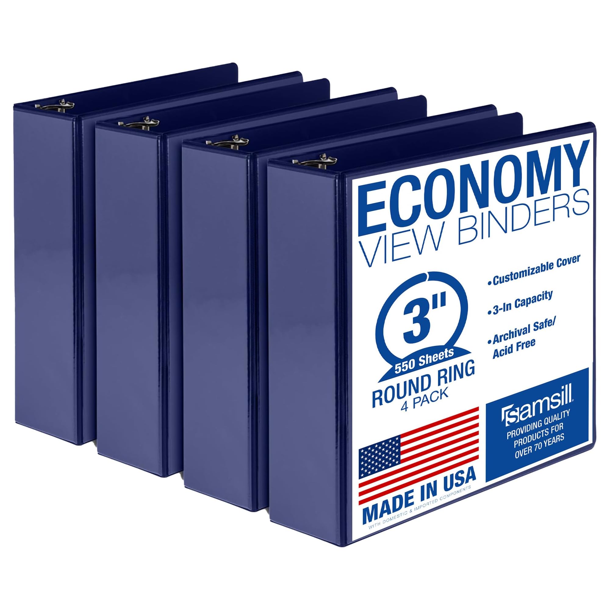 Samsill 3 Inch 3 Ring Binders, Economy Round Ring, Clear View Cover, 550 Sheet Capacity - for School, Home, Office - Blue, 4 Pack