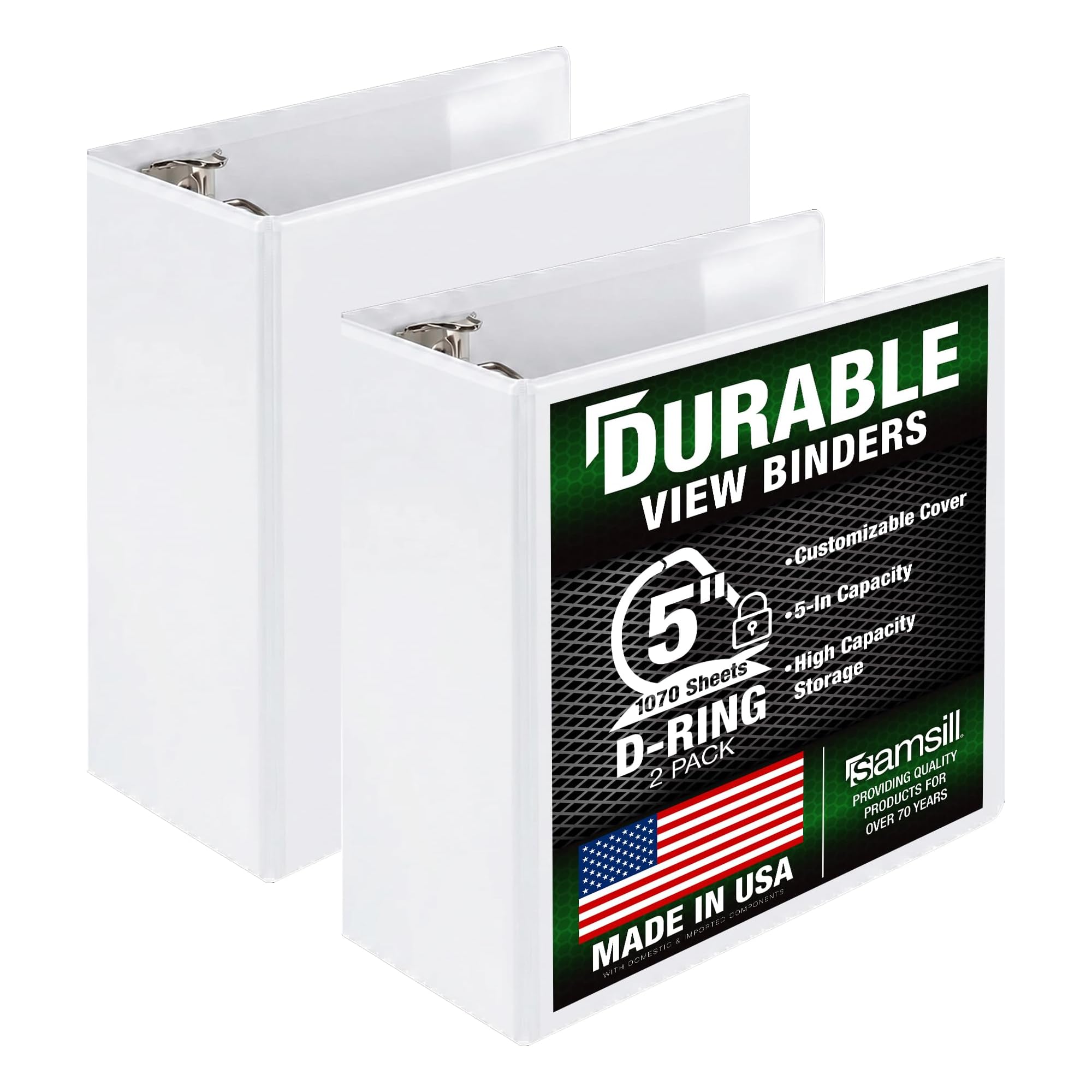 Samsill Durable 5 Inch 3 Ring Binder, D Ring Binder, Customizable Clear View, White, 2-Pack, Holds 1070 Pages