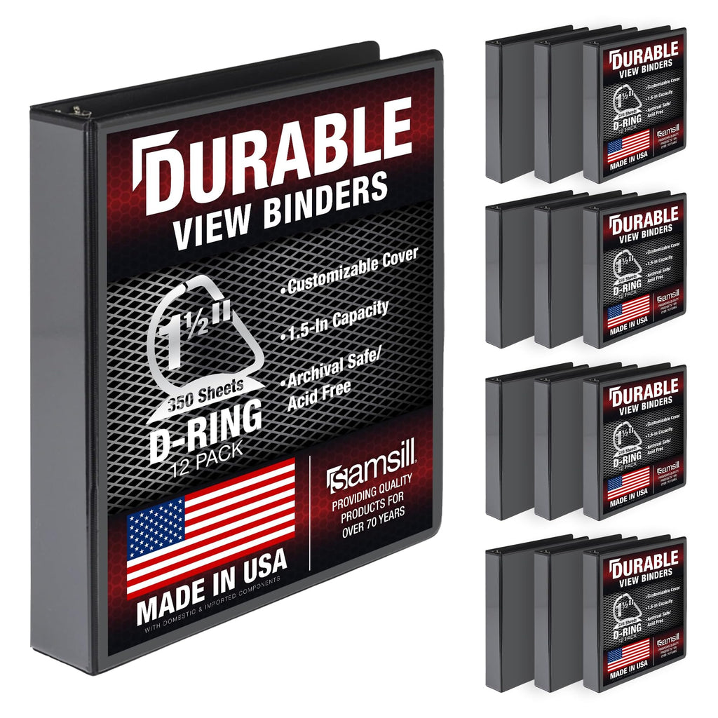 Samsill Durable 1.5 inch 3 Ring Binder, Made in USA, D Ring Binder, 100% Recycled Chipboard, Black, 12 Pack