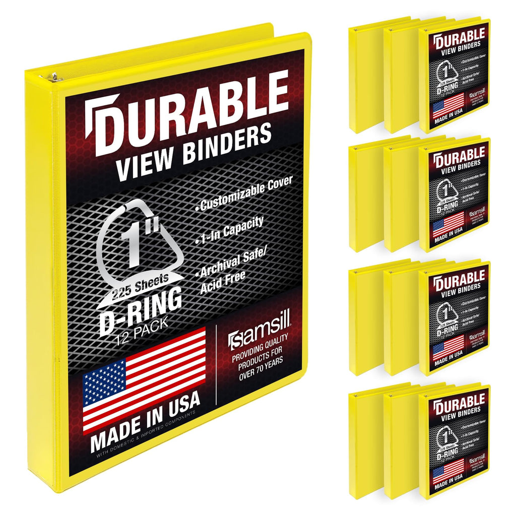 Samsill Durable 1 inch 3 Ring Binder, Made in USA, D Ring Binder, 100% Recycled Chipboard, Yellow, 12 Pack