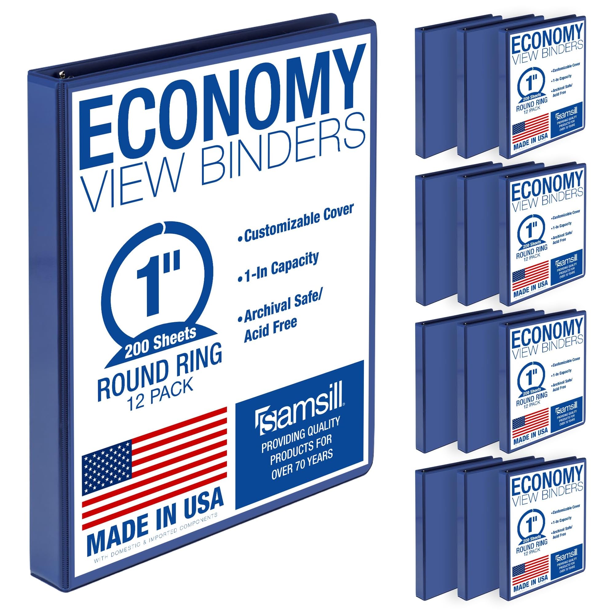 Samsill 1 Inch 3 Ring Binders, Economy Round Ring, Clear View Cover, 200 Sheet Capacity - for School, Home, Office - Blue, 12 Pack