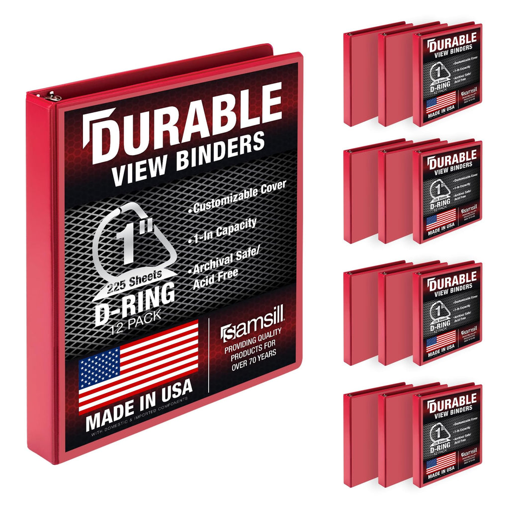 Samsill Durable 1 inch 3 Ring Binder, Made in USA, D Ring Binder, FSC 100% Recycled Chipboard, Red, 12 Pack