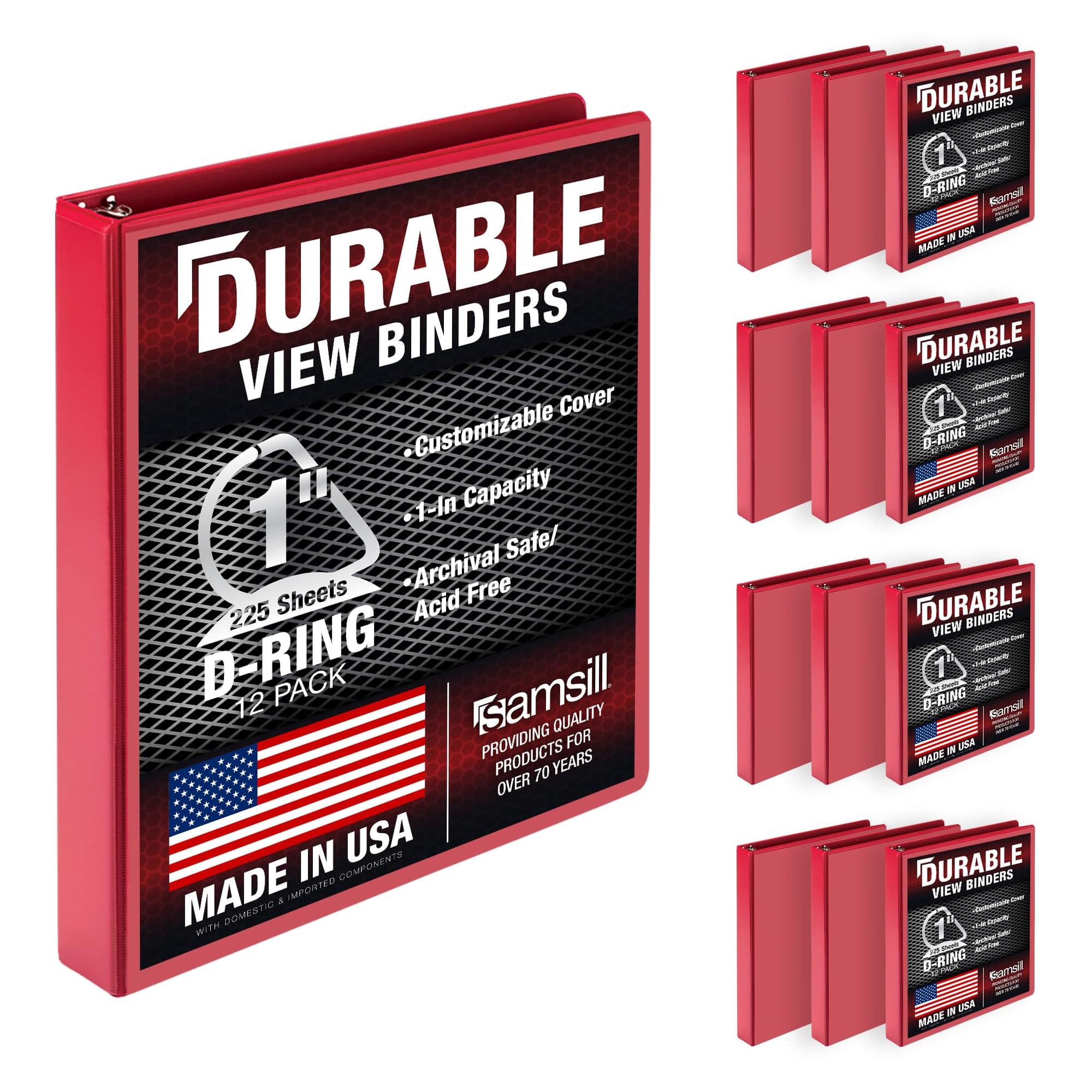 Samsill Durable 1 inch 3 Ring Binder, Made in USA, D Ring Binder, FSC 100% Recycled Chipboard, Red, 12 Pack