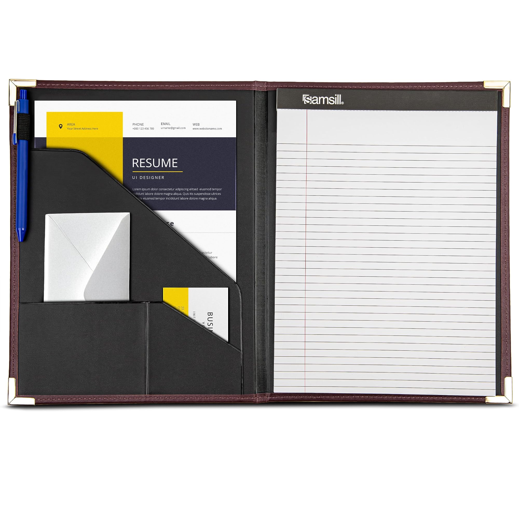 Samsill Classic Collection Business Portfolio - Executive Padfolio for Resume & Document Organizer - 8.5 by 11-Inch Legal Pad, Faux Leather with Brass Corners (Burgundy)