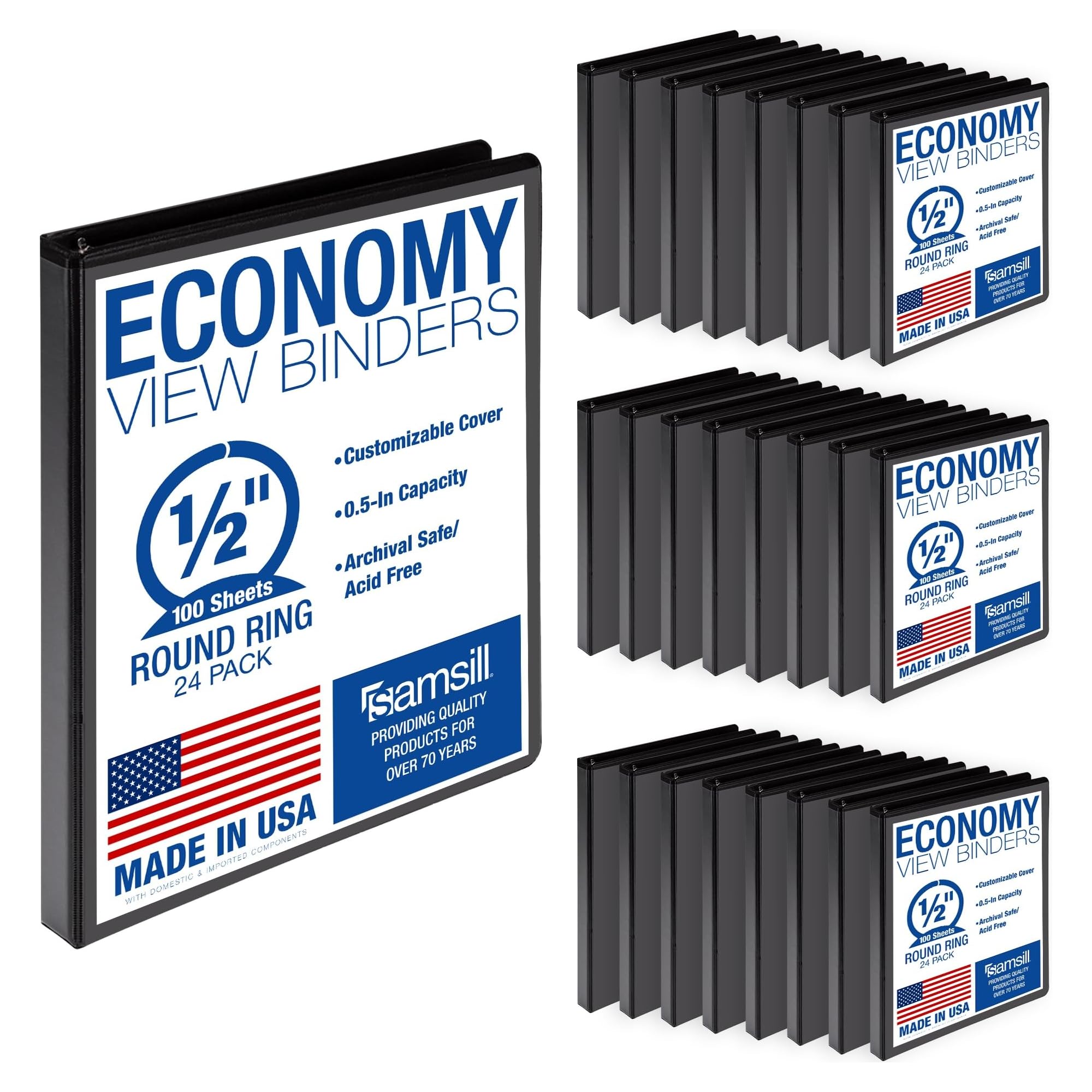 Samsill 0.5 Inch 3 Ring Binders, Economy Round Ring, Clear View Cover, 100 Sheet Capacity - for School, Home, Office - Black, 24 Pack