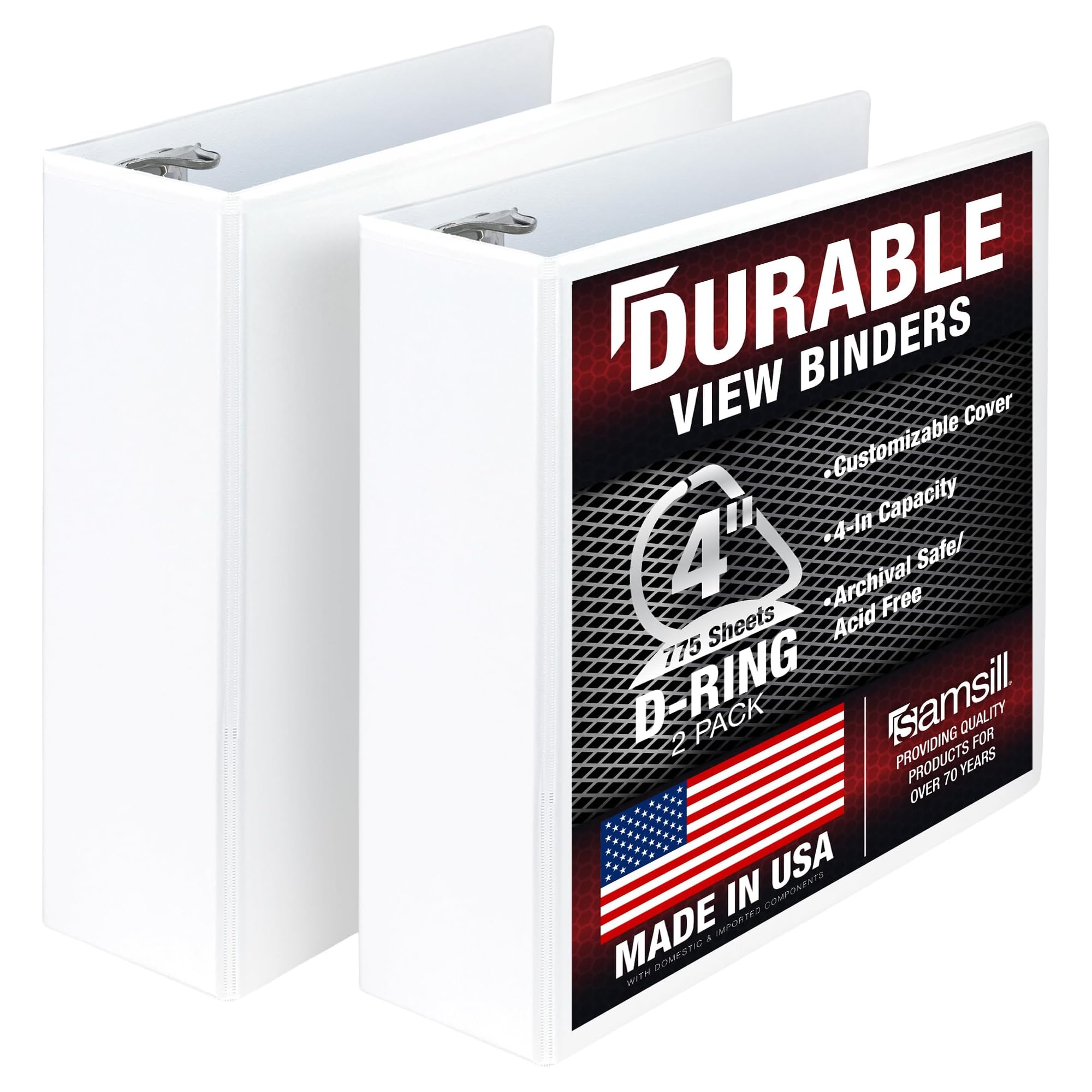 Samsill Durable 4 inch 3 Ring Binder, D Ring Binder, 100% Recycled Chipboard, White, 2 Pack