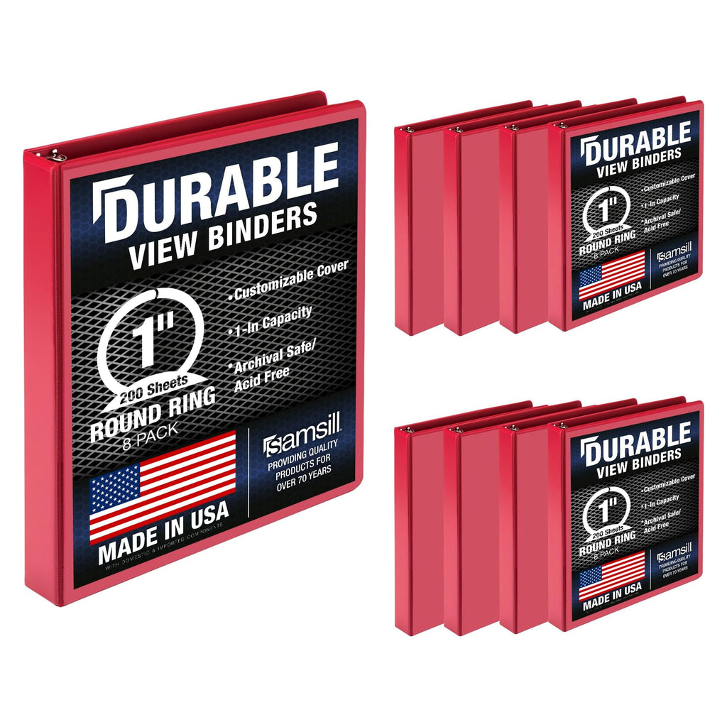 Samsill 8 Pack Durable 1 Inch 3 Ring Binders, Made in USA, Round Ring, Clear View Cover for Presentations, Red