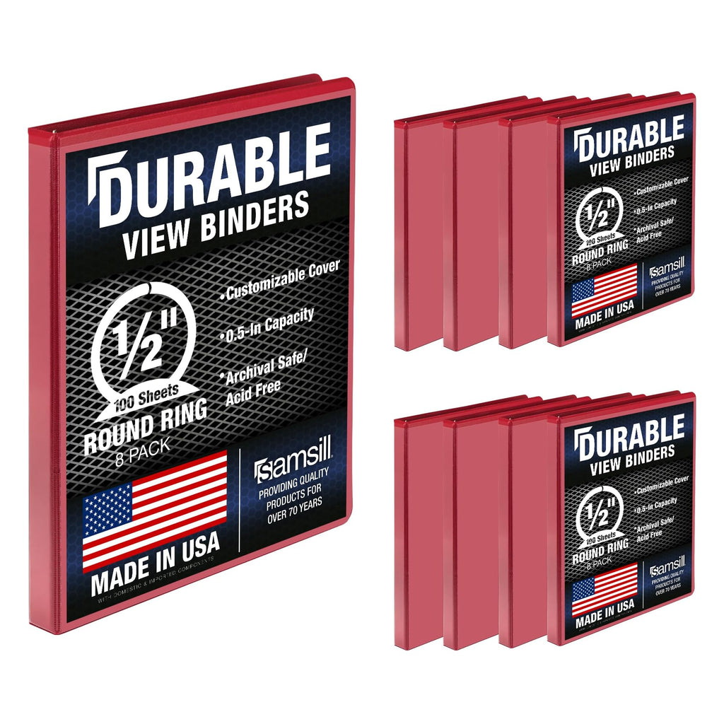Samsill 8 Pack Durable 0.5 Inch 3 Ring Binders, Round Ring, Clear View Cover for Presentations, Red