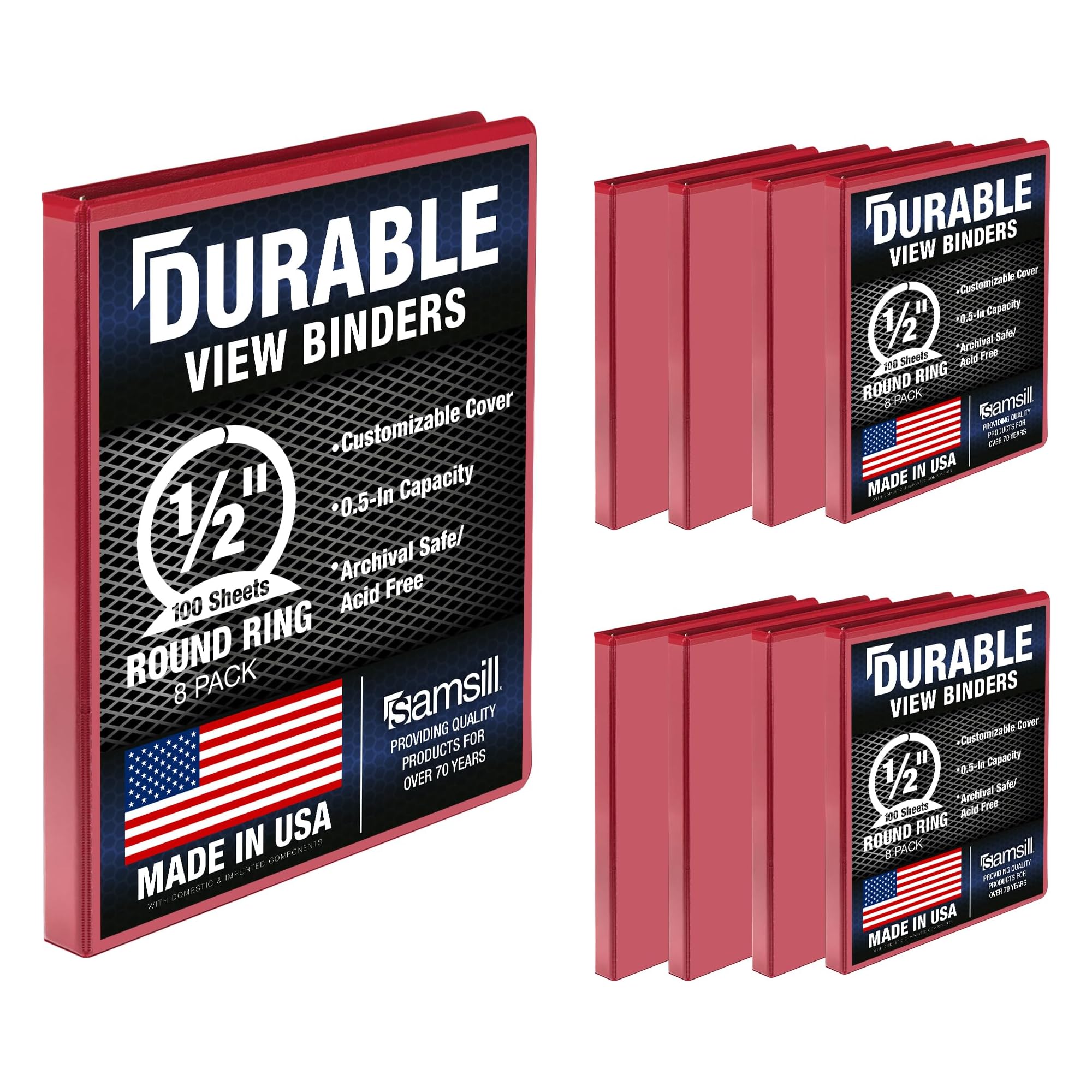Samsill 8 Pack Durable 0.5 Inch 3 Ring Binders, Round Ring, Clear View Cover for Presentations, Red