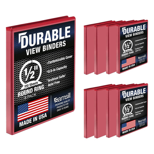 Samsill 8 Pack Durable 0.5 Inch 3 Ring Binders, Round Ring, Clear View Cover for Presentations, Red