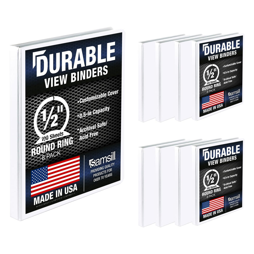 Samsill 8 Pack Durable 0.5 Inch 3 Ring Binders, Round Ring, Clear View Cover for Presentations, White