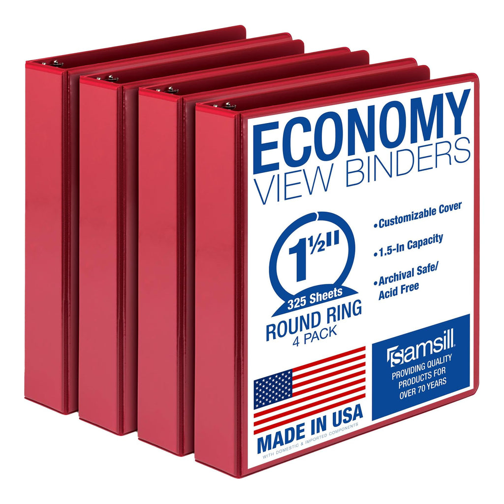Samsill 1.5 Inch 3 Ring Binders, Made in USA, Economy Round Ring, Clear View Cover, 325 Sheet Capacity - for School, Home, Office - Red, 4 Pack